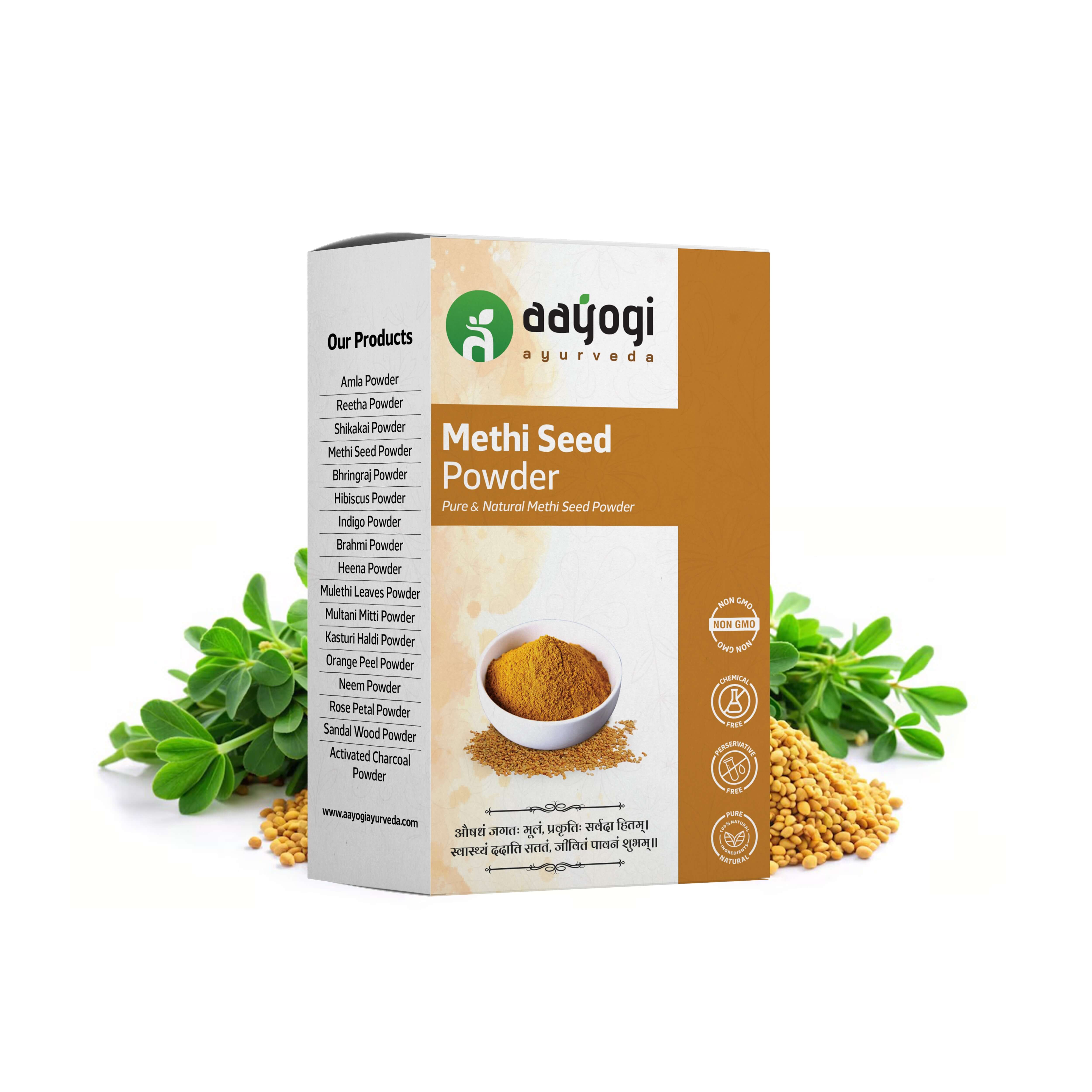 Aayogi Ayurveda Natural Methi Seed Powder for healthy hair, with fenugreek seeds and leaves in the background.