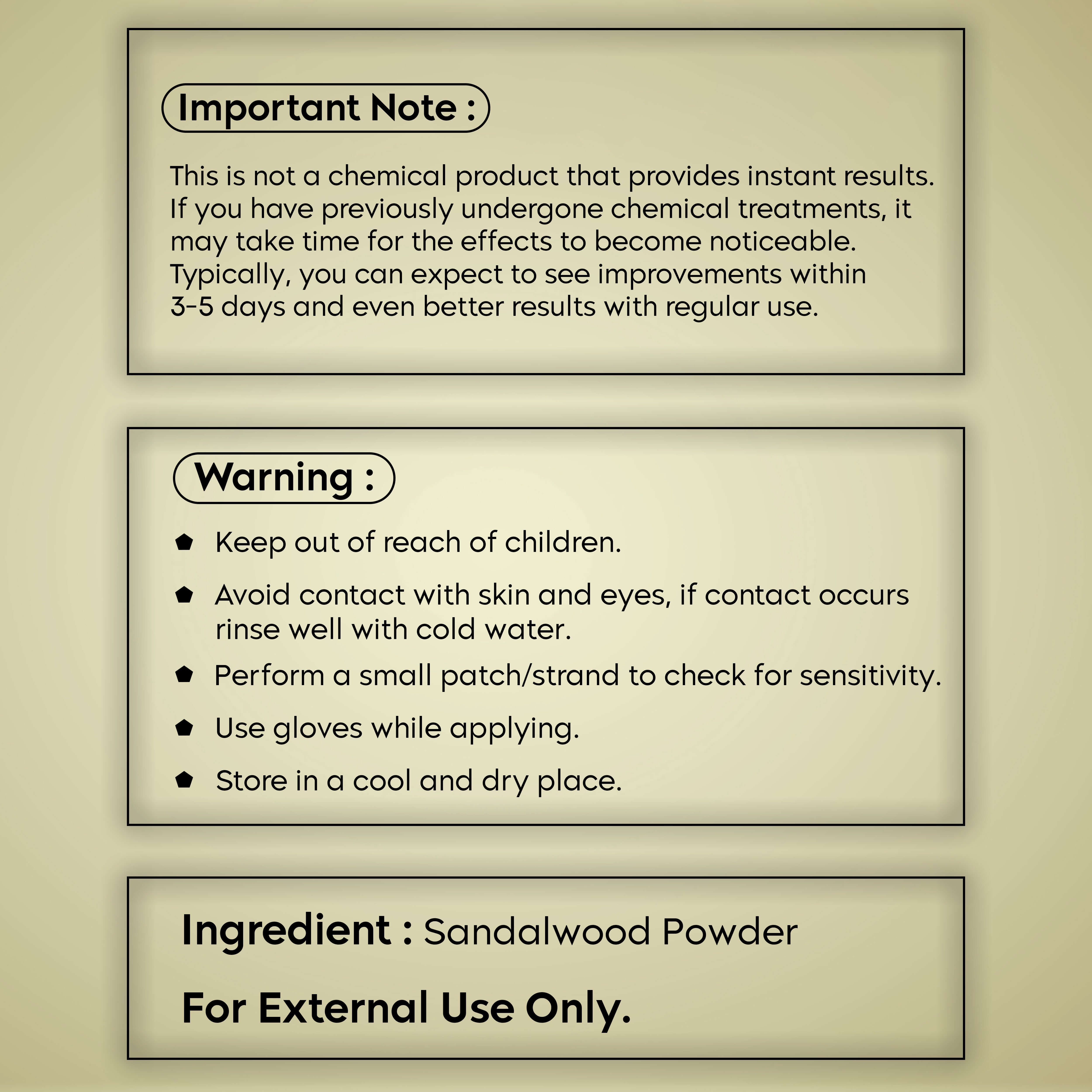 Warning and important notes for Aayogi Ayurveda Natural Sandalwood Powder use, emphasizing safety and external application only.
