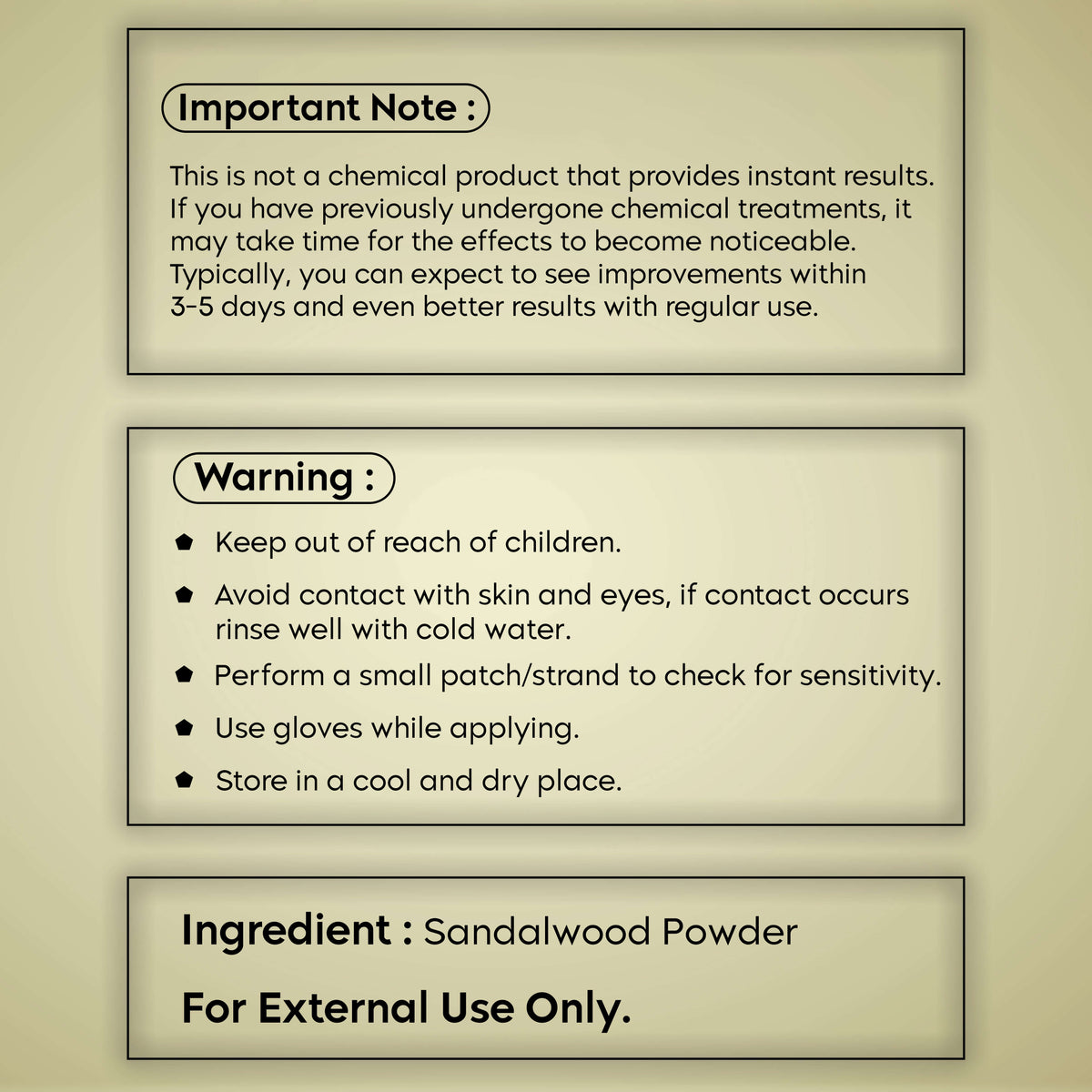 Warning and important notes for Aayogi Ayurveda Natural Sandalwood Powder use, emphasizing safety and external application only.
