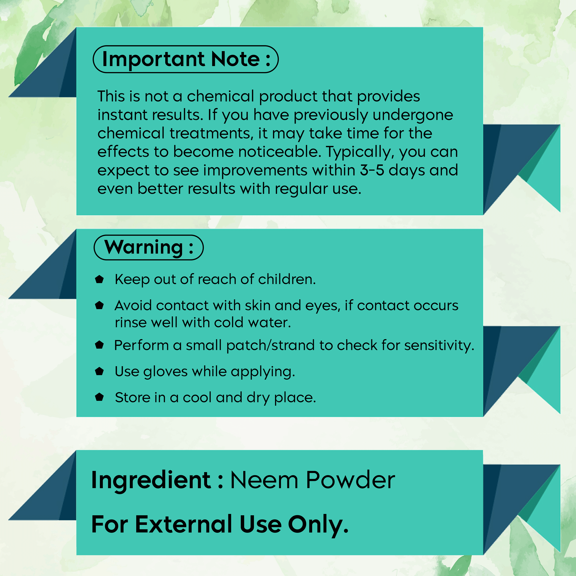 Product label for Neem Skin and Scalp Repair Powder highlighting warnings and usage instructions.