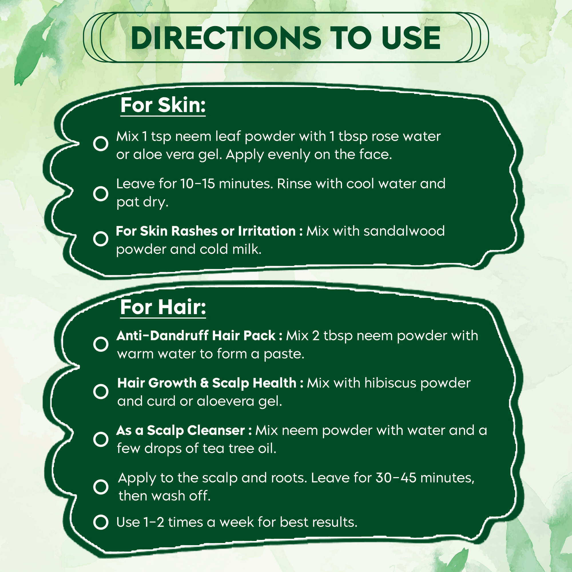 Directions for using Neem Skin and Scalp Repair Powder for acne and dandruff care on skin and hair.