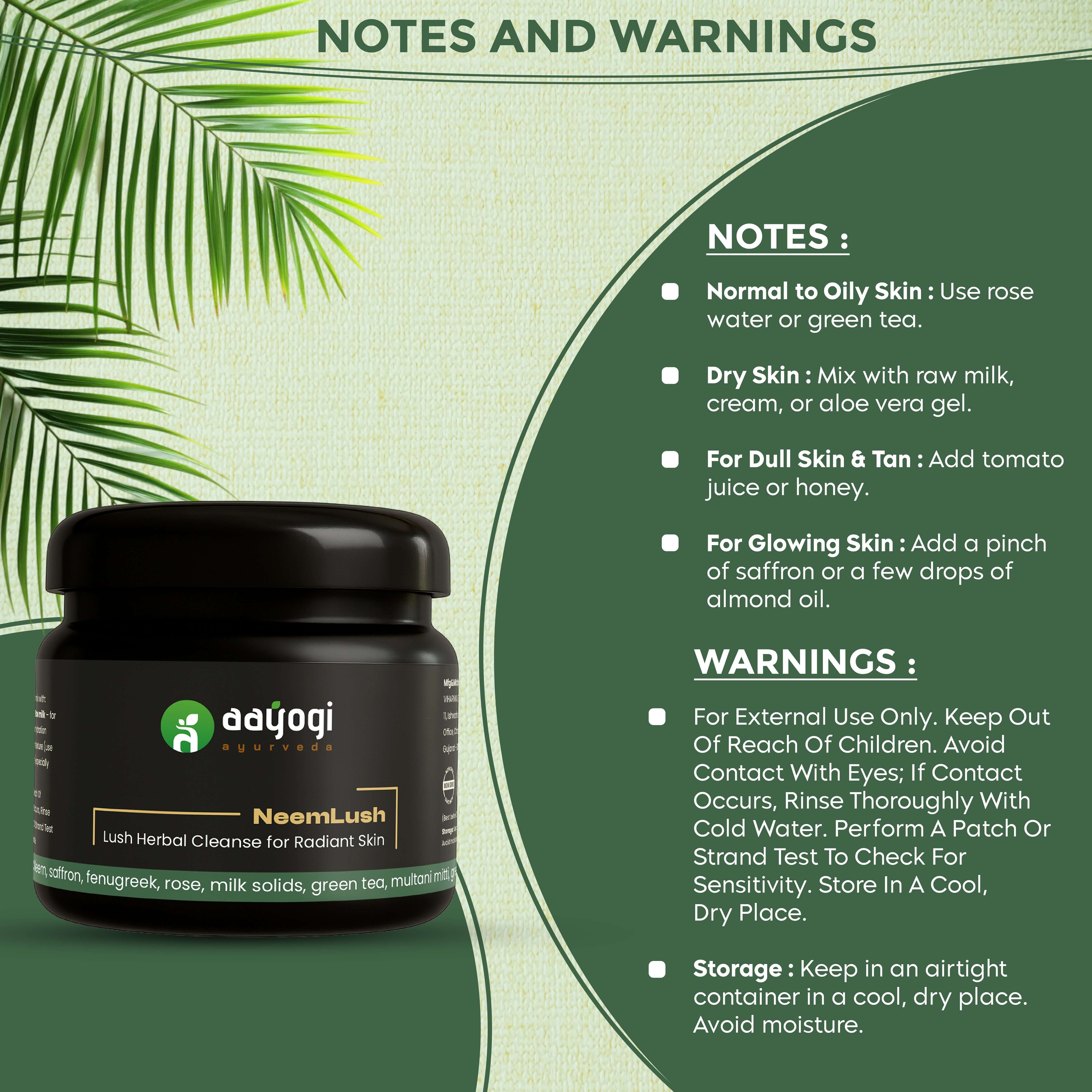 NeemLush face wash powder with notes and warnings on usage and storage for radiant skin care by Aayogi Ayurveda.