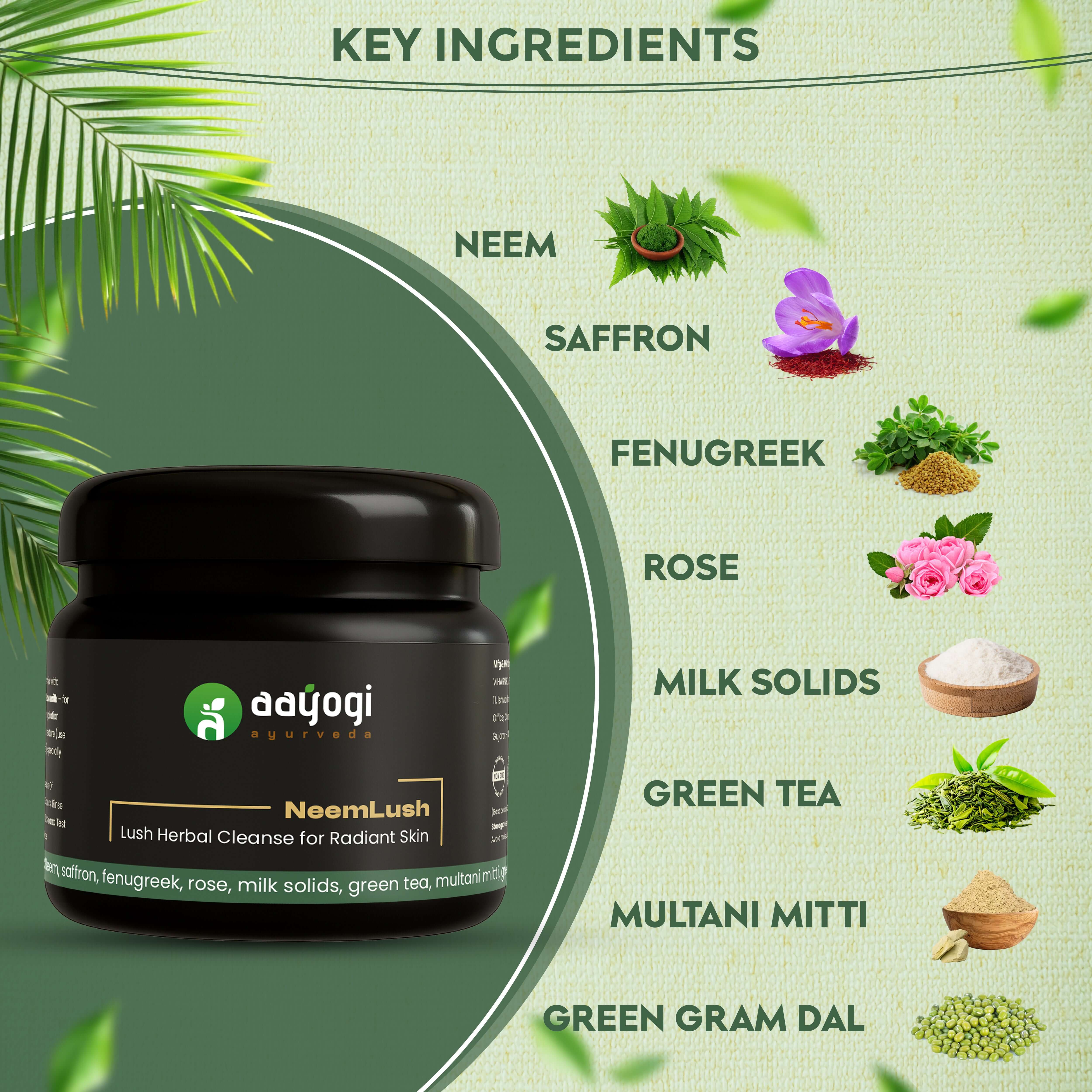 NeemLush face wash powder with key ingredients including neem, saffron, fenugreek, rose, green tea, and Multani mitti on display.