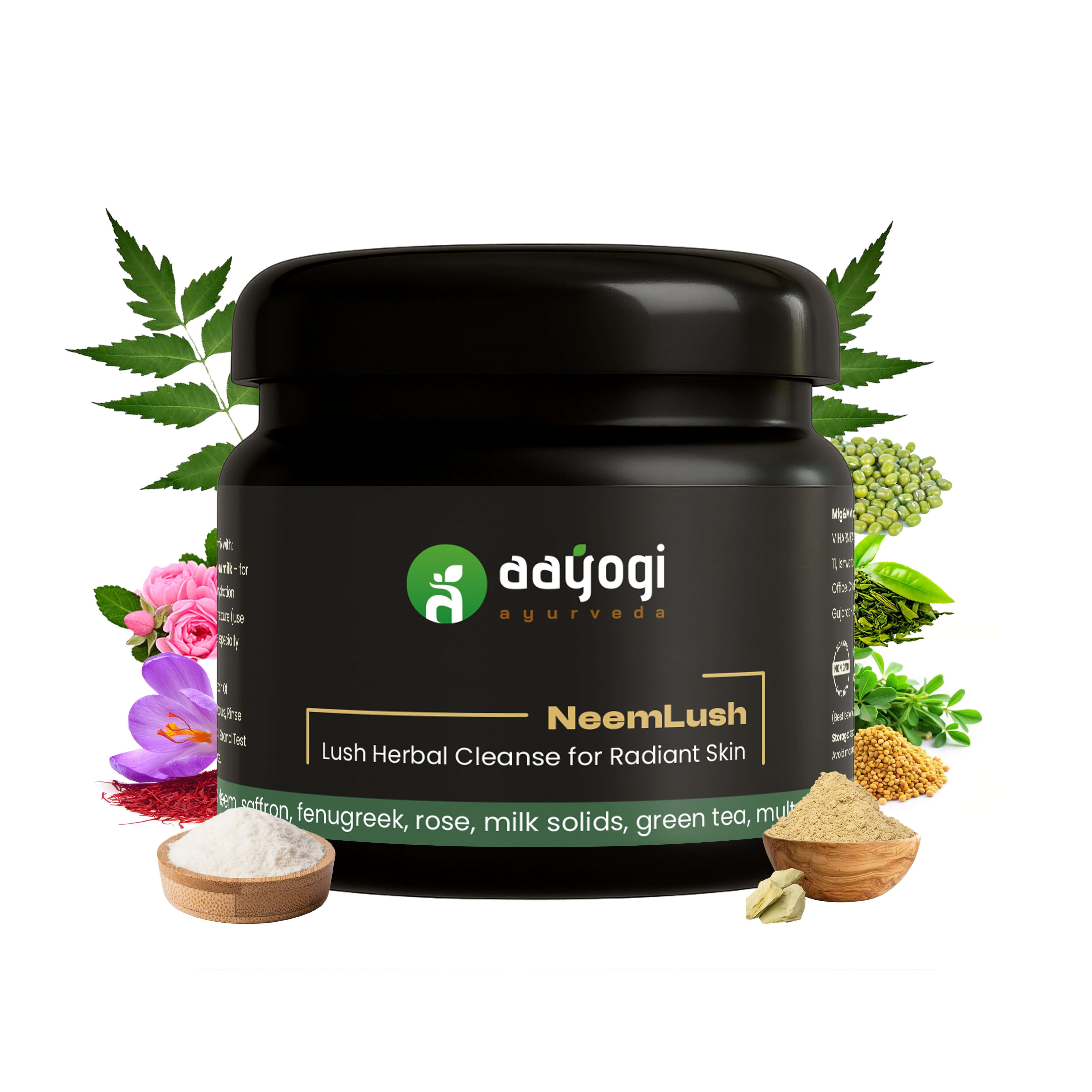 NeemLush Herbal Neem Face Wash Powder by Aayogi Ayurveda with natural ingredients like neem, saffron, and fenugreek.