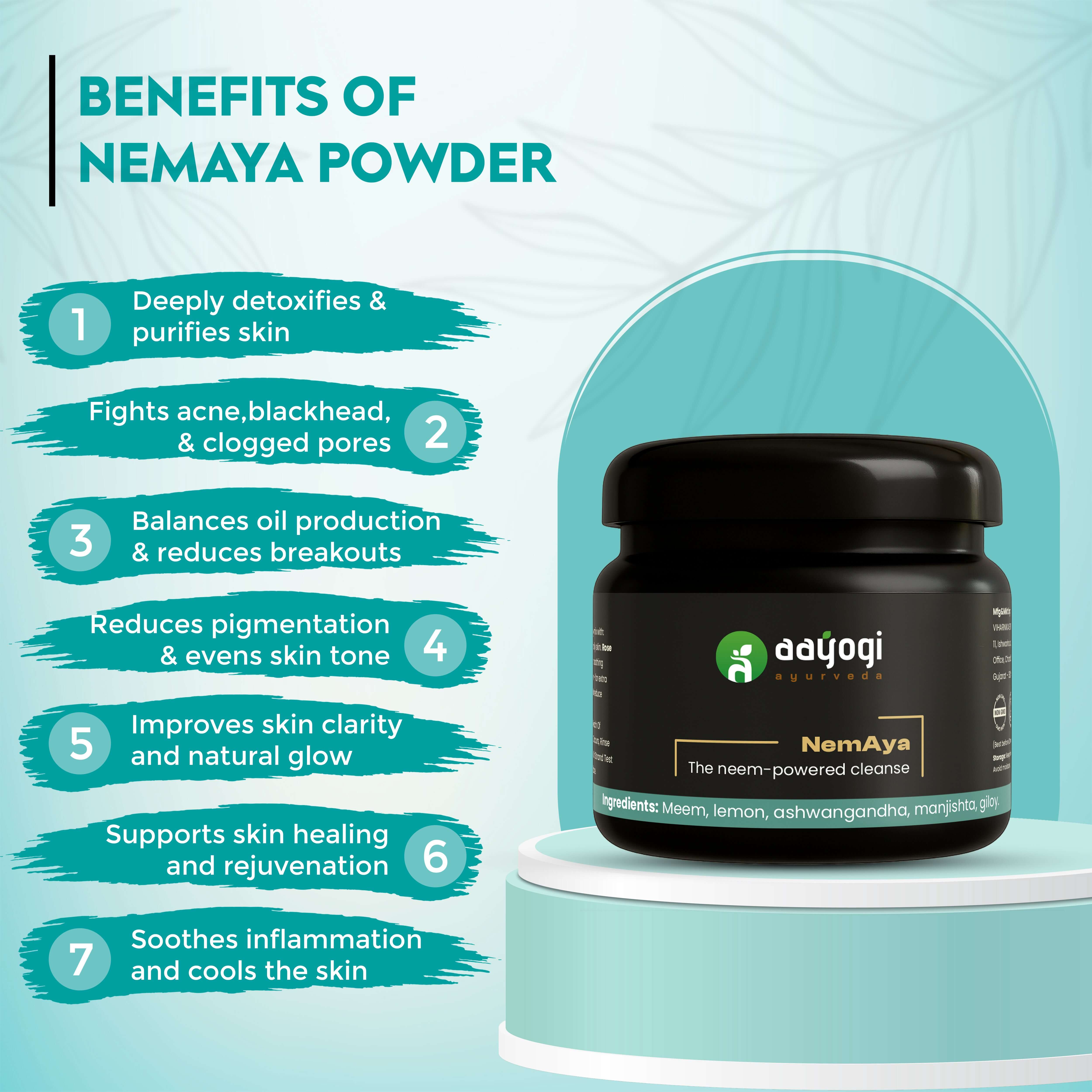 NemAya Acne Treatment by Aayogi Ayurveda with benefits including acne and oil control.