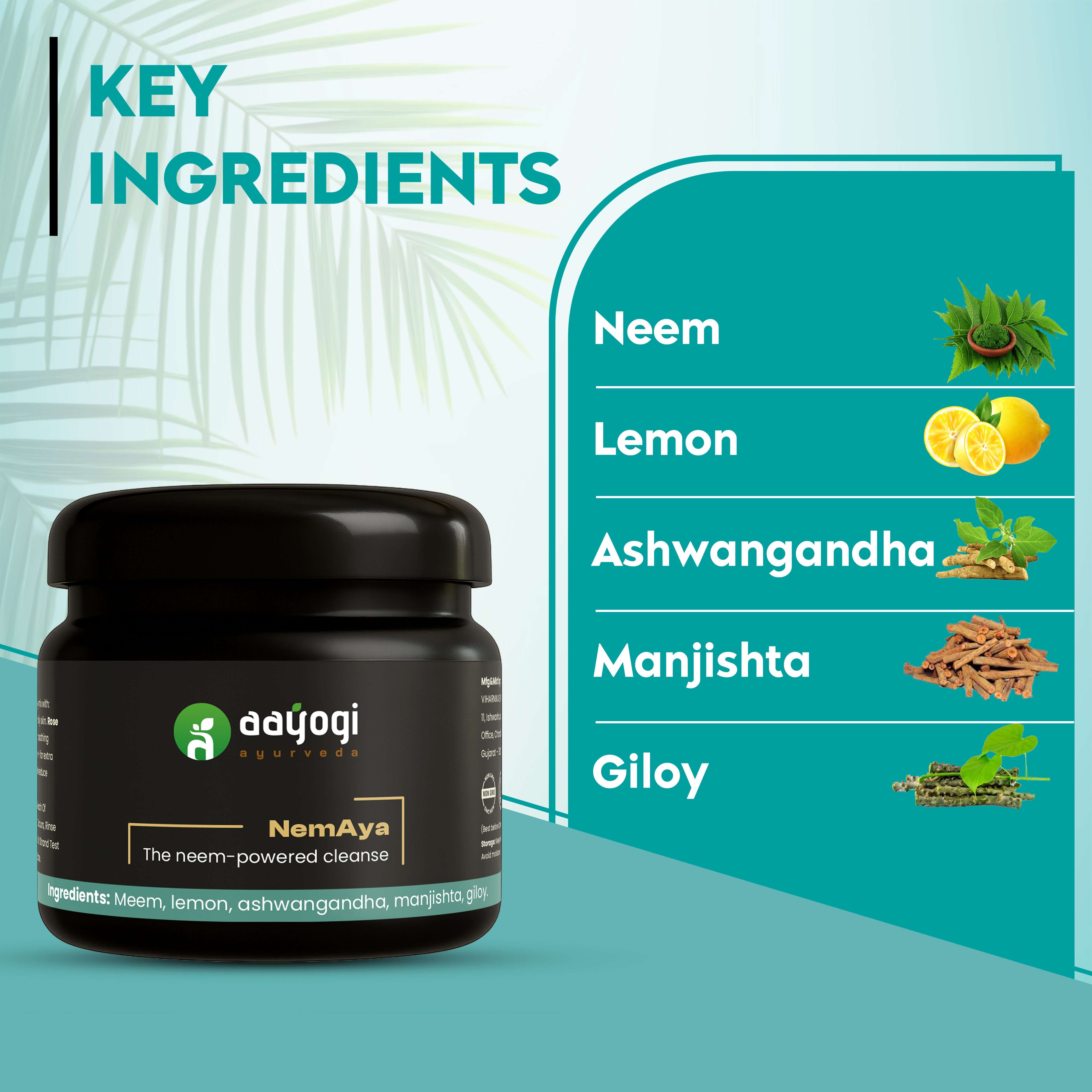 NemAya Acne Treatment Pack highlighting key ingredients: Neem, Lemon, Ashwagandha, Manjishta, Giloy by Aayogi Ayurveda.