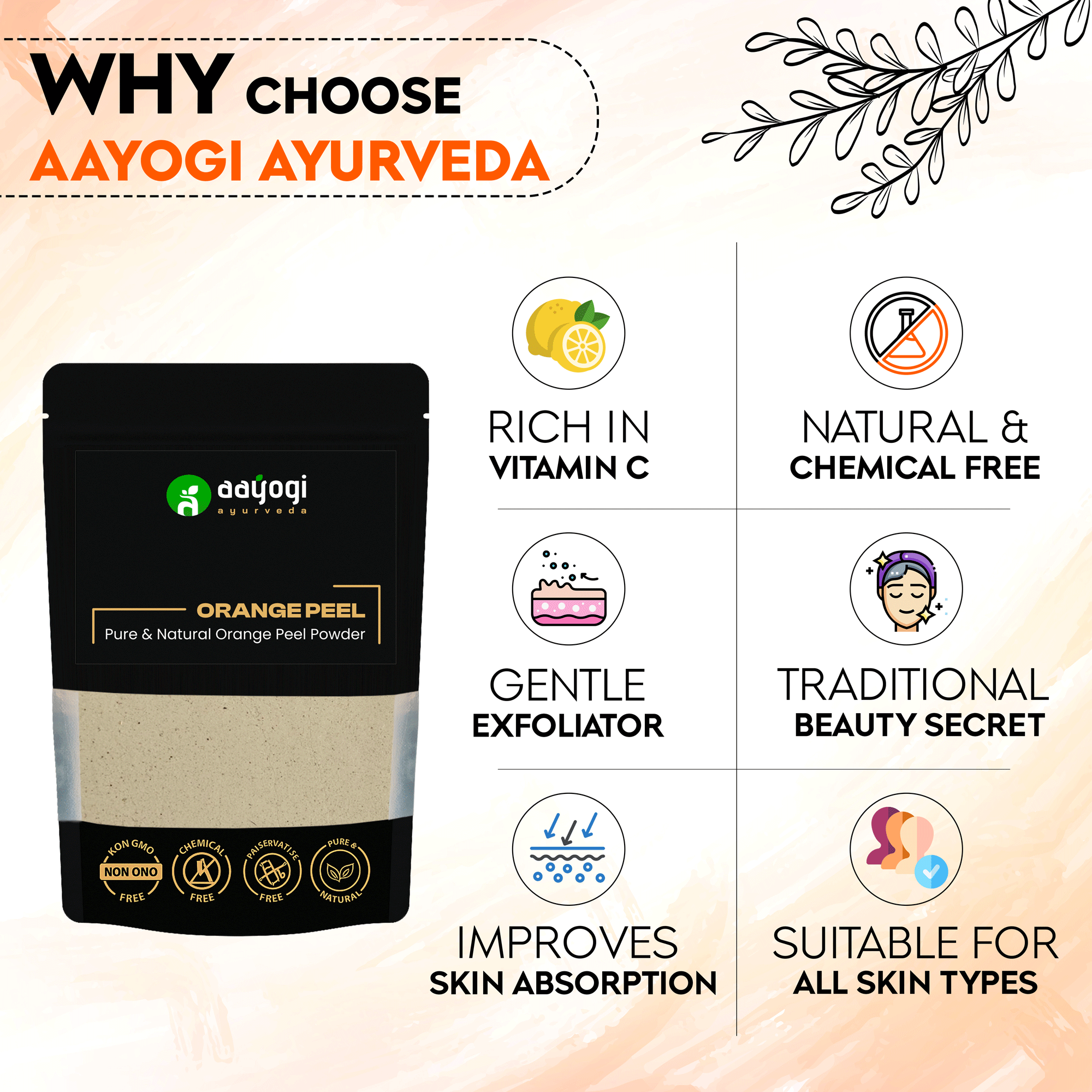 Aayogi Ayurveda Orange Peel Powder - Rich in Vitamin C, Natural, Gentle Exfoliator, Traditional Beauty Secret, Suitable for All Skin Types