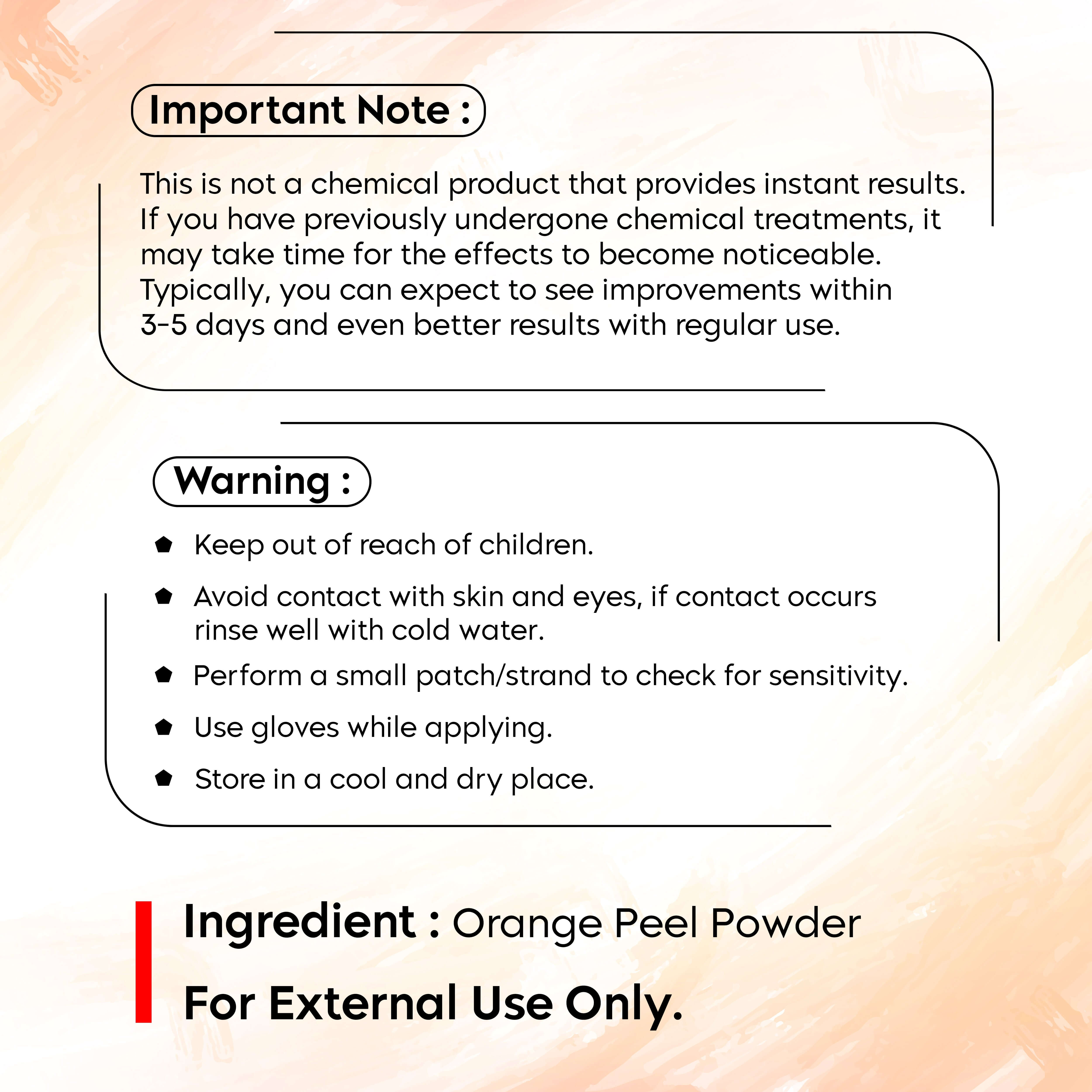 Warning and application details for Glow Boost Orange Peel Powder, an Ayurvedic, external use skincare product with orange peel ingredients.