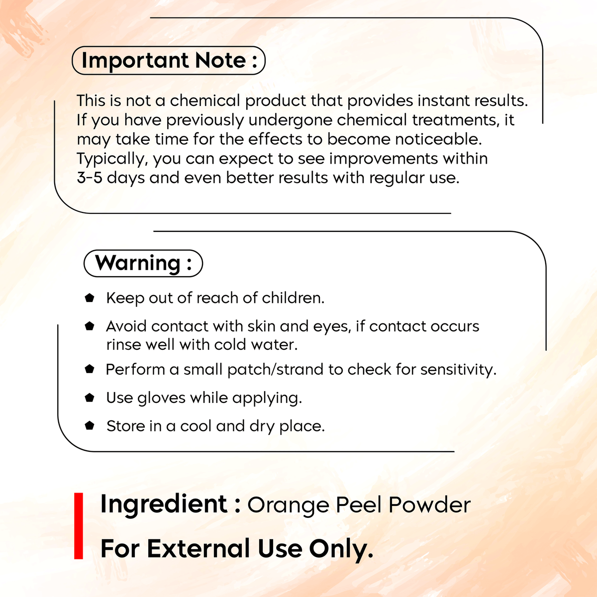 Warning and usage instructions for Glow Boost Orange Peel Powder by Aayogi Ayurveda.