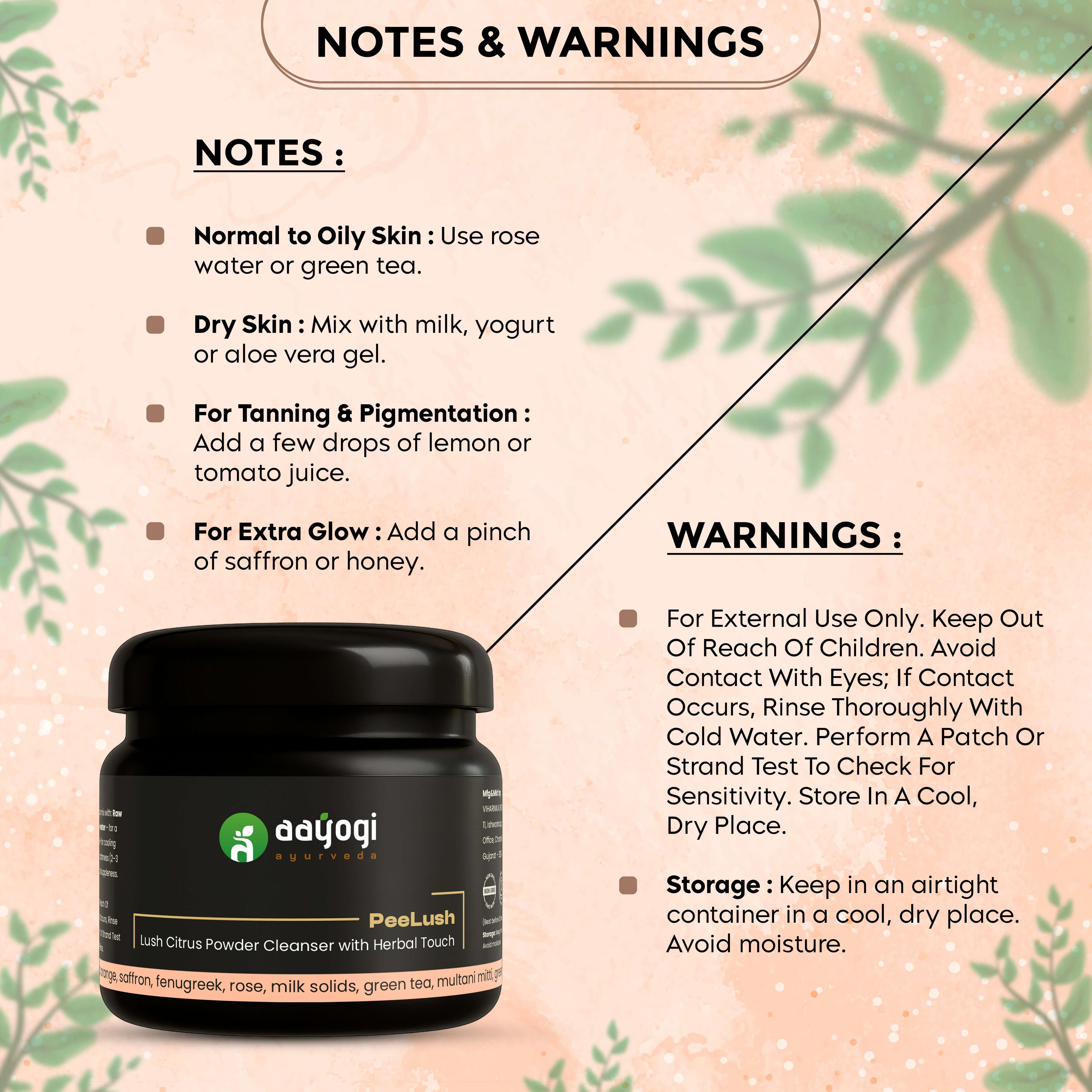 Aayogi Ayurveda Peelush Orange Peel Face Wash Powder jar with usage notes and warnings on floral background