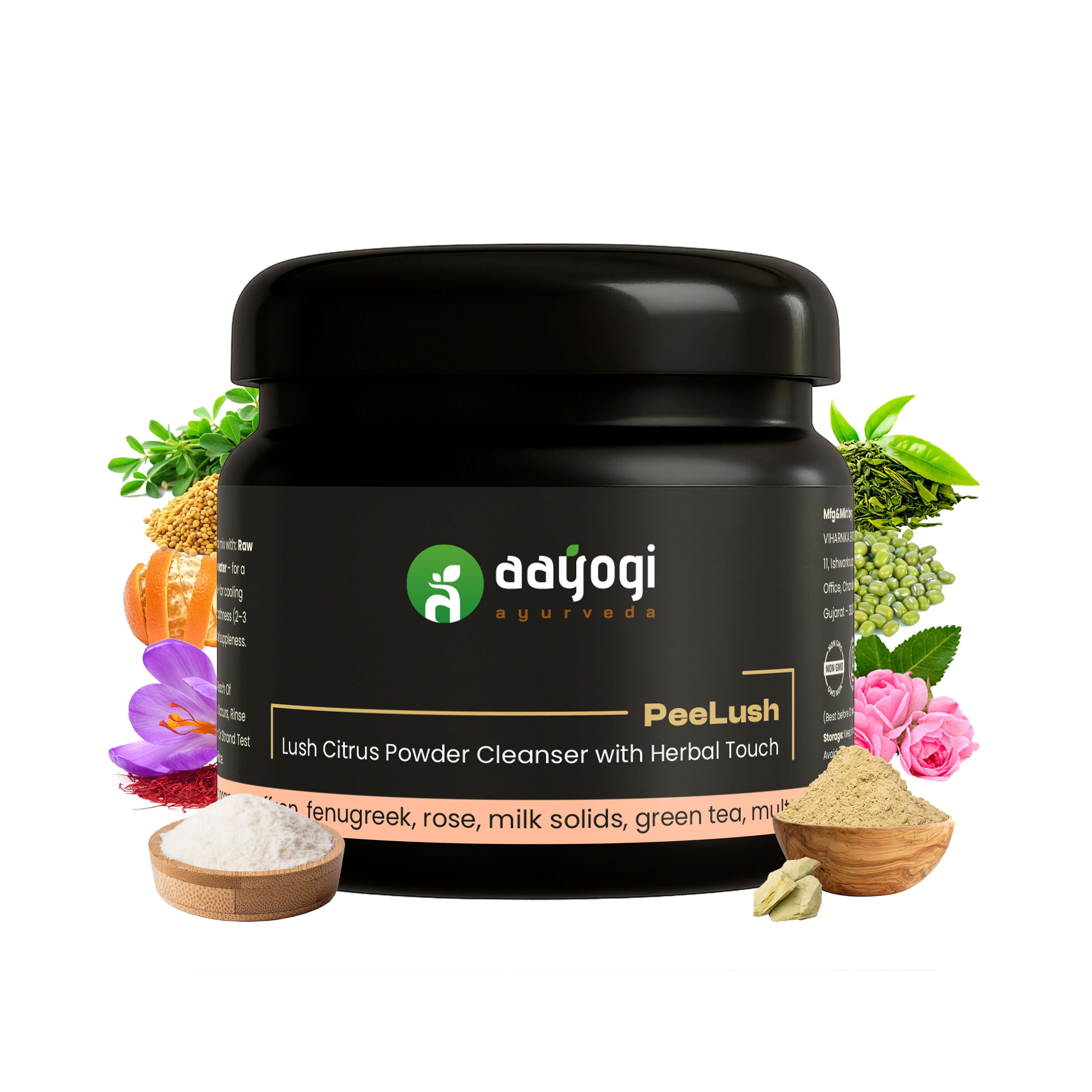 Peelush Orange Peel Face Wash Powder by Aayogi Ayurveda with herbal ingredients like saffron, rose, and green tea for glowing skin.