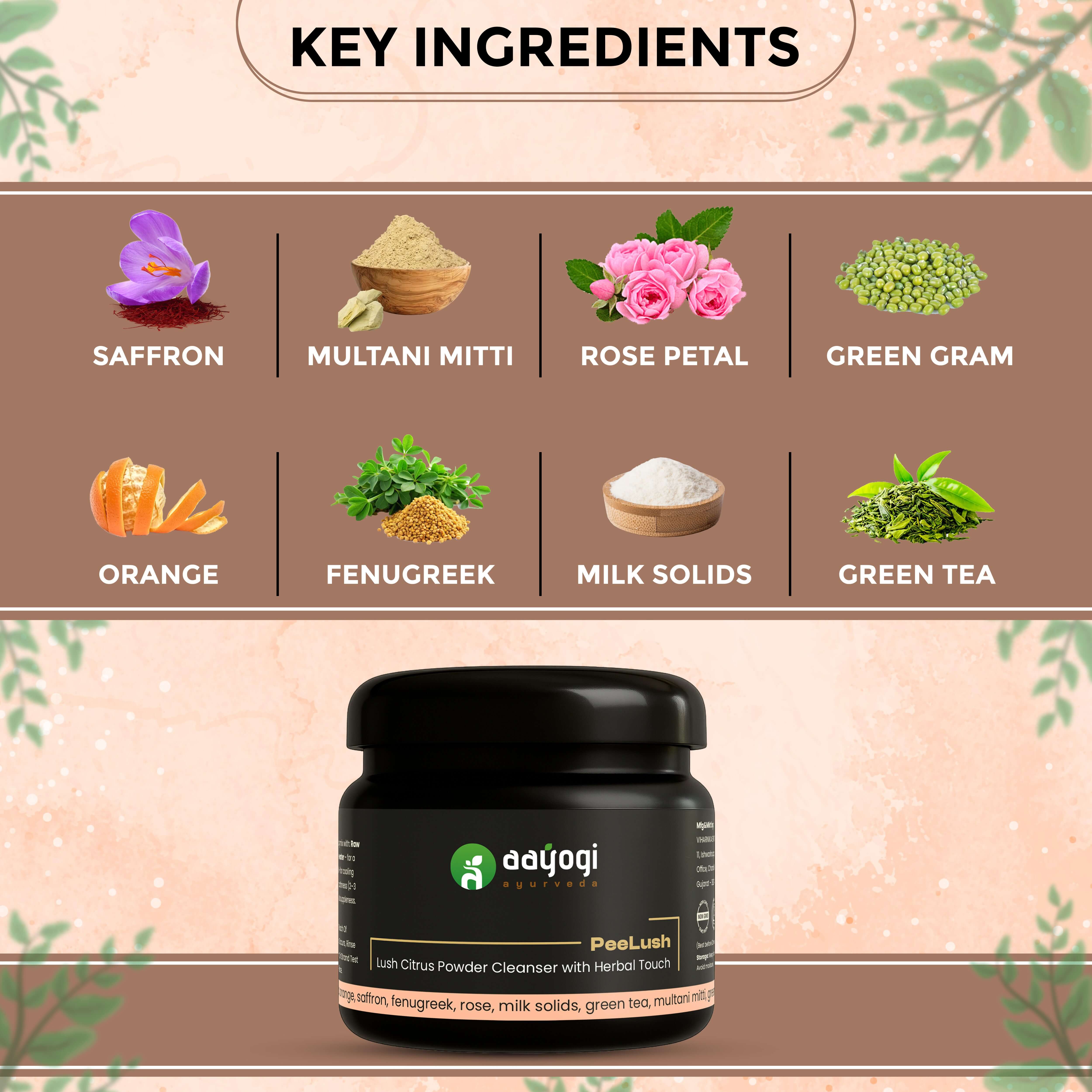 Aayogi Ayurveda Peelush Face Wash Powder container with key ingredient images: saffron, multani mitti, rose petals, green gram, and more.
