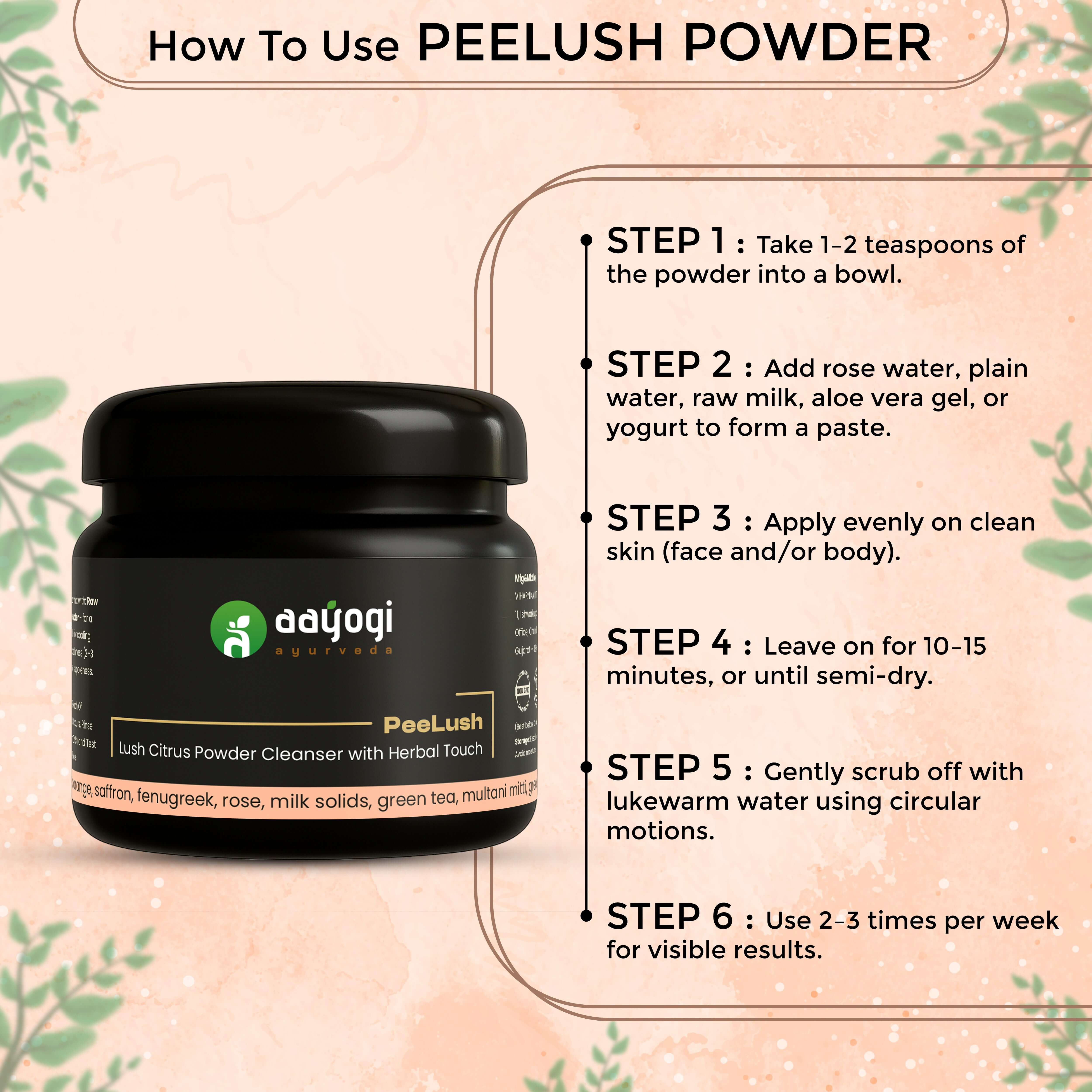 Aayogi Ayurveda Peelush Orange Peel Face Wash Powder instructions for glowing skin and tan removal.