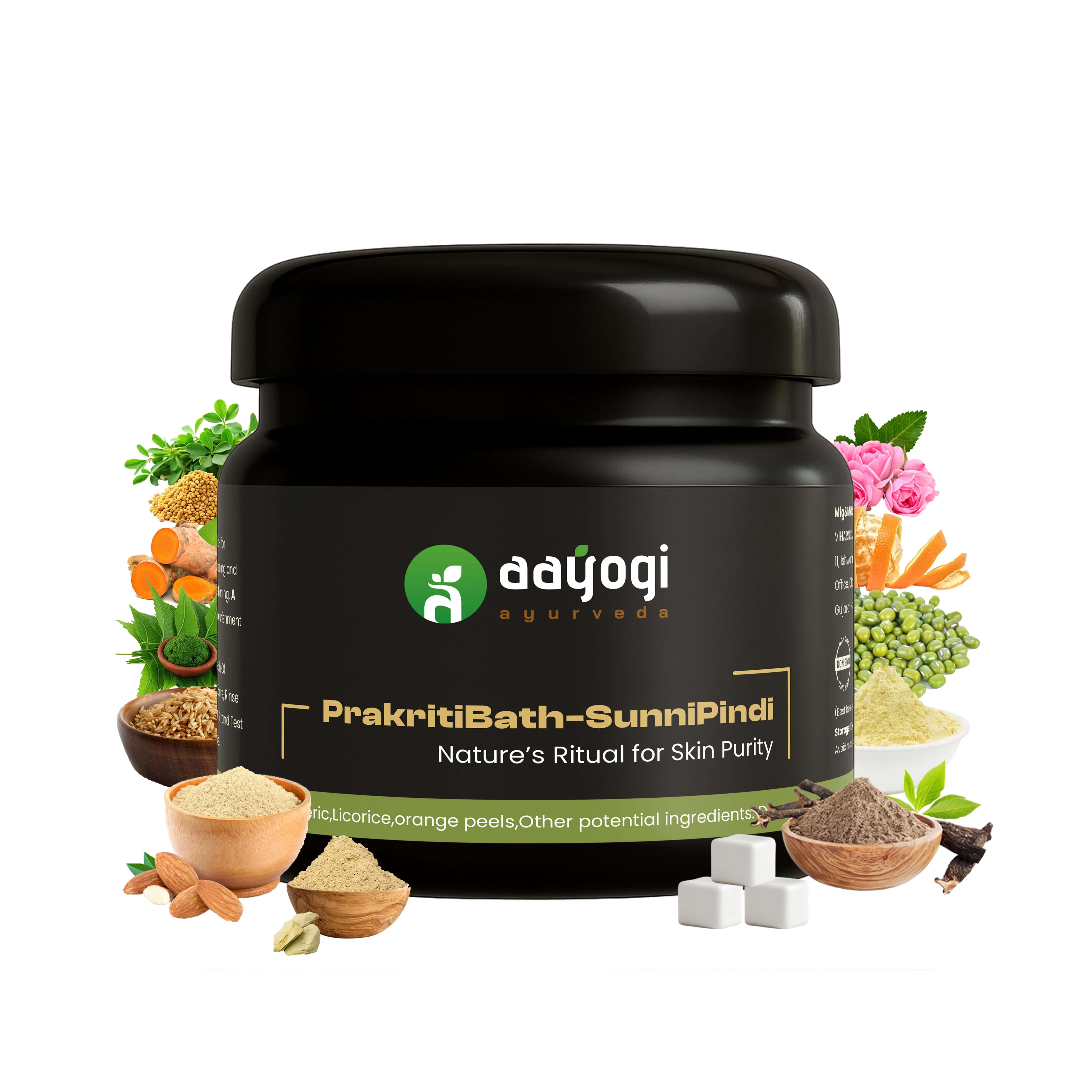 Prakriti Bath Sunni Pindi Herbal Bath Powder, Aayogi Ayurveda skincare with natural ingredients, for glowing and healthy skin.