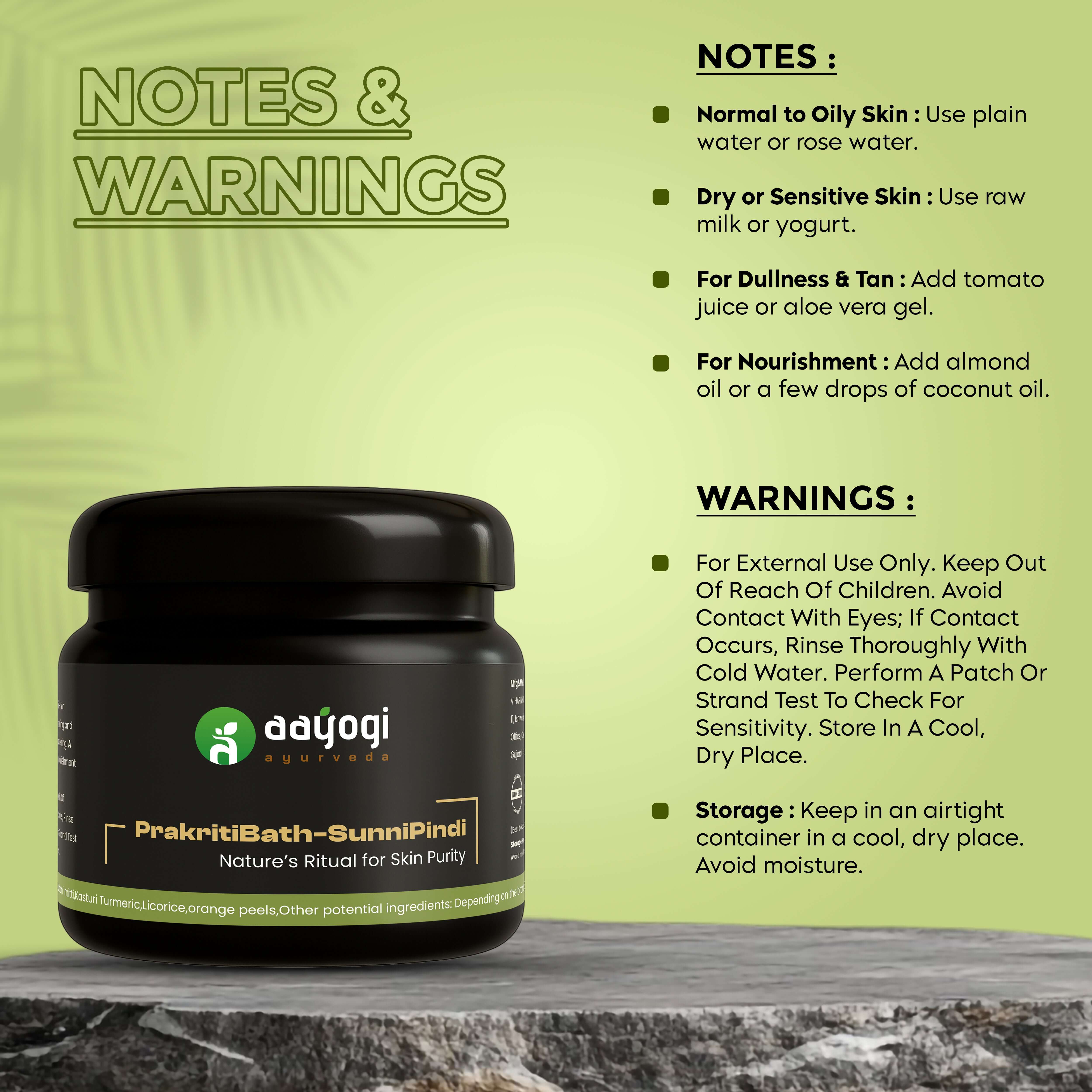 Aayogi Ayurveda Prakriti Bath Sunni Pindi herbal bath powder jar with notes and warnings on usage.