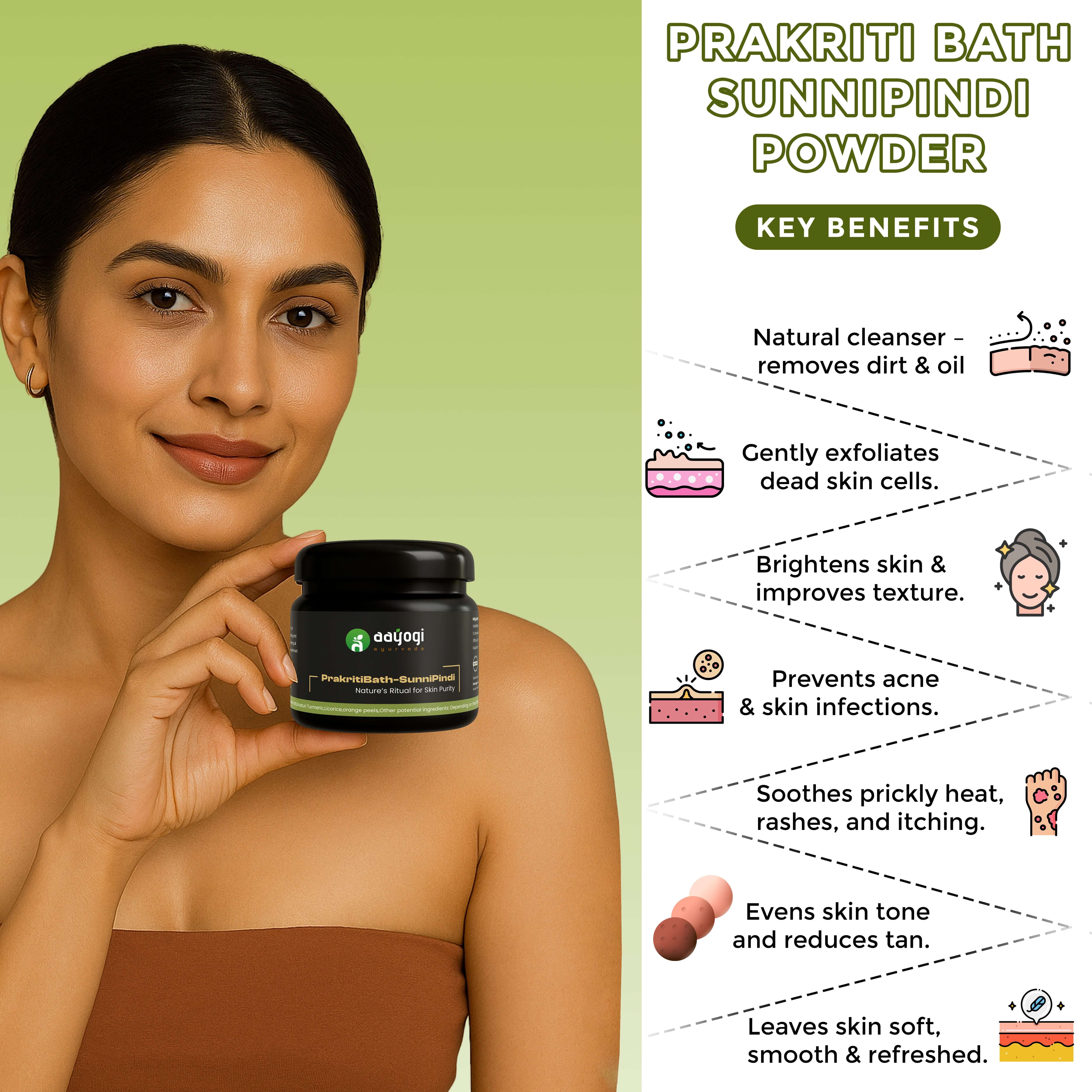 Woman holding Aayogi Ayurveda's Prakriti Bath Sunni Pindi powder with skincare benefits listed, promotes glowing skin.