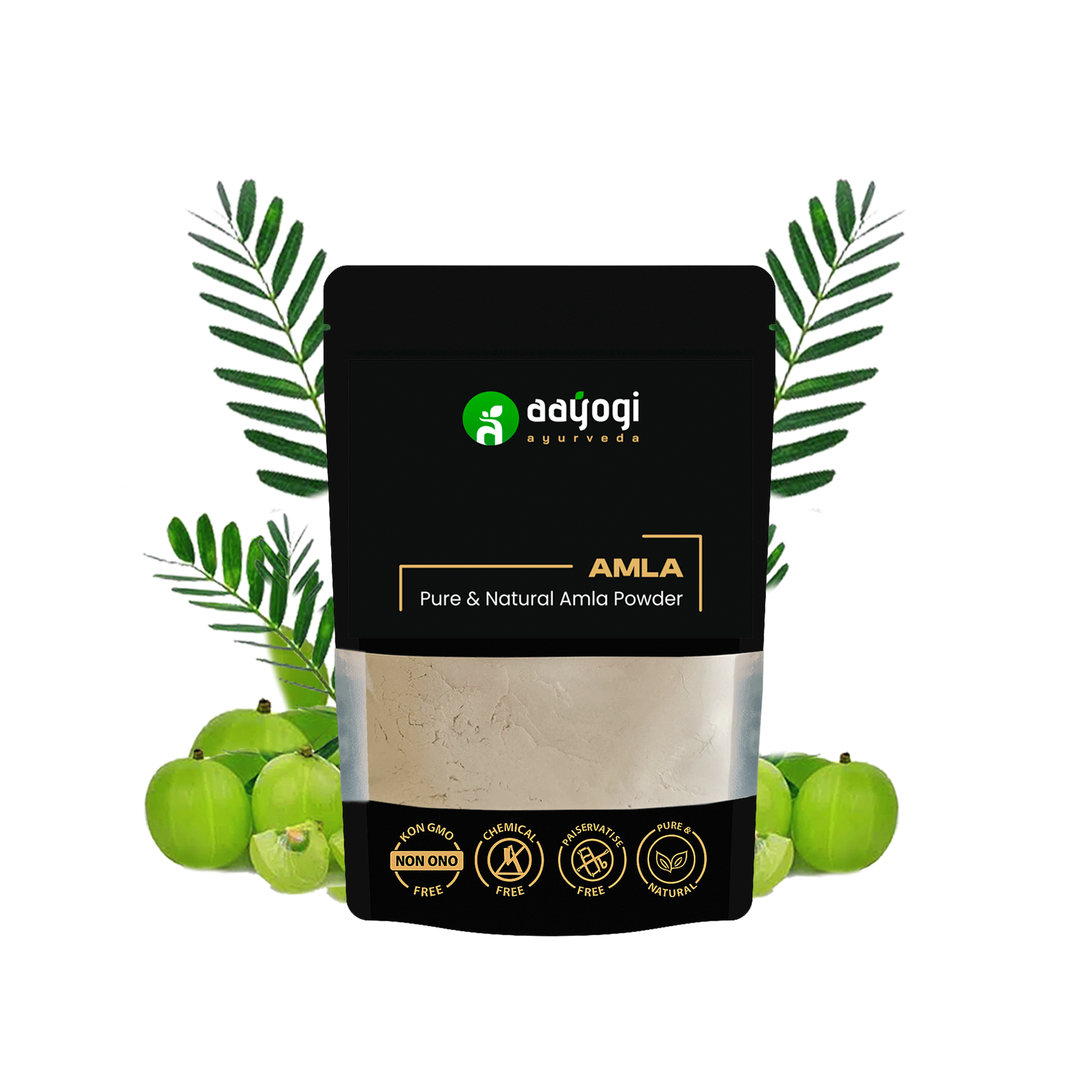Aayogi Ayurveda Pure Amla Powder 100g pack with green Indian gooseberries and leaves, ideal for hair growth and glowing skin.