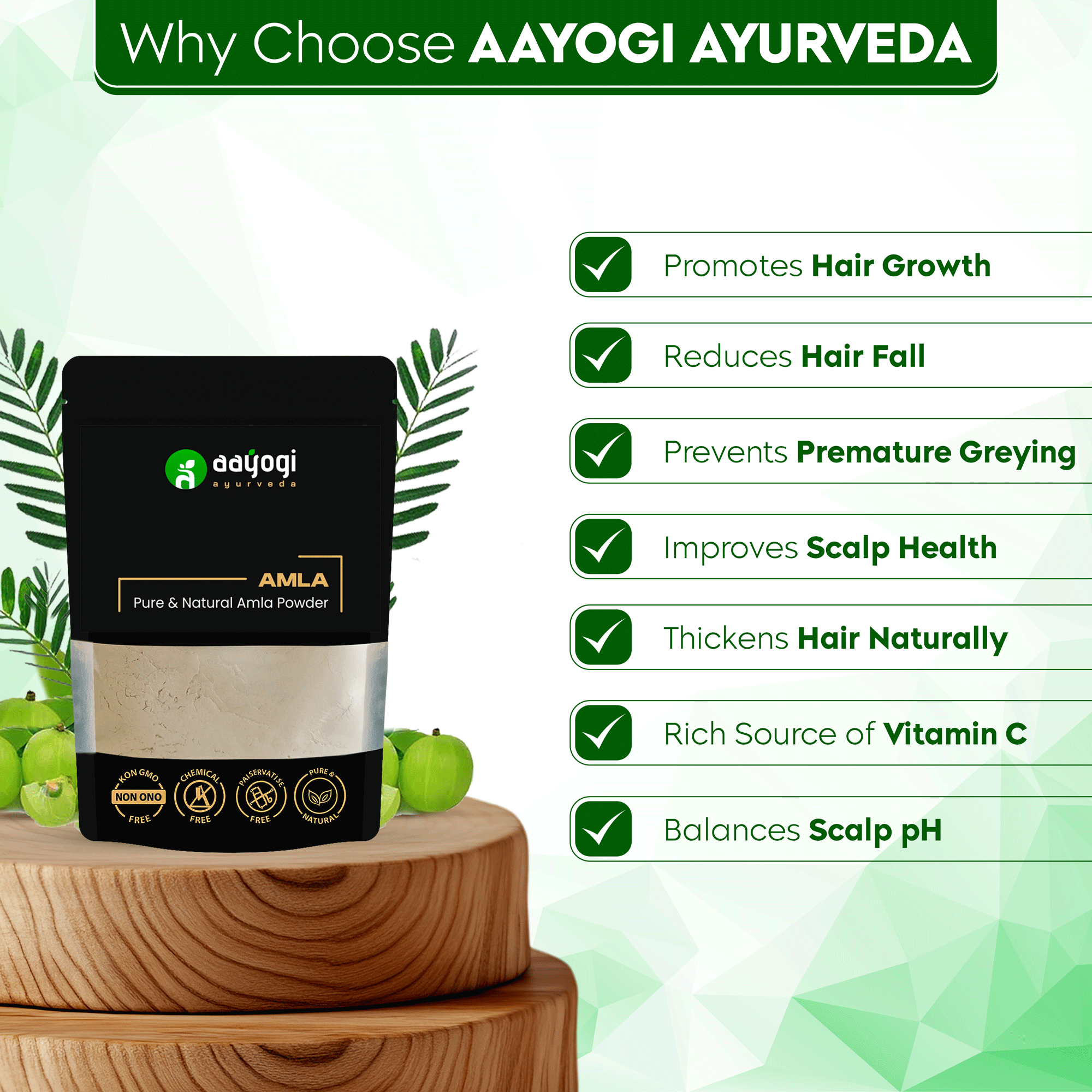 Aayogi Ayurveda Amla Powder for Hair Growth and Skin Health, with benefits like reducing hair fall and enriching with Vitamin C.