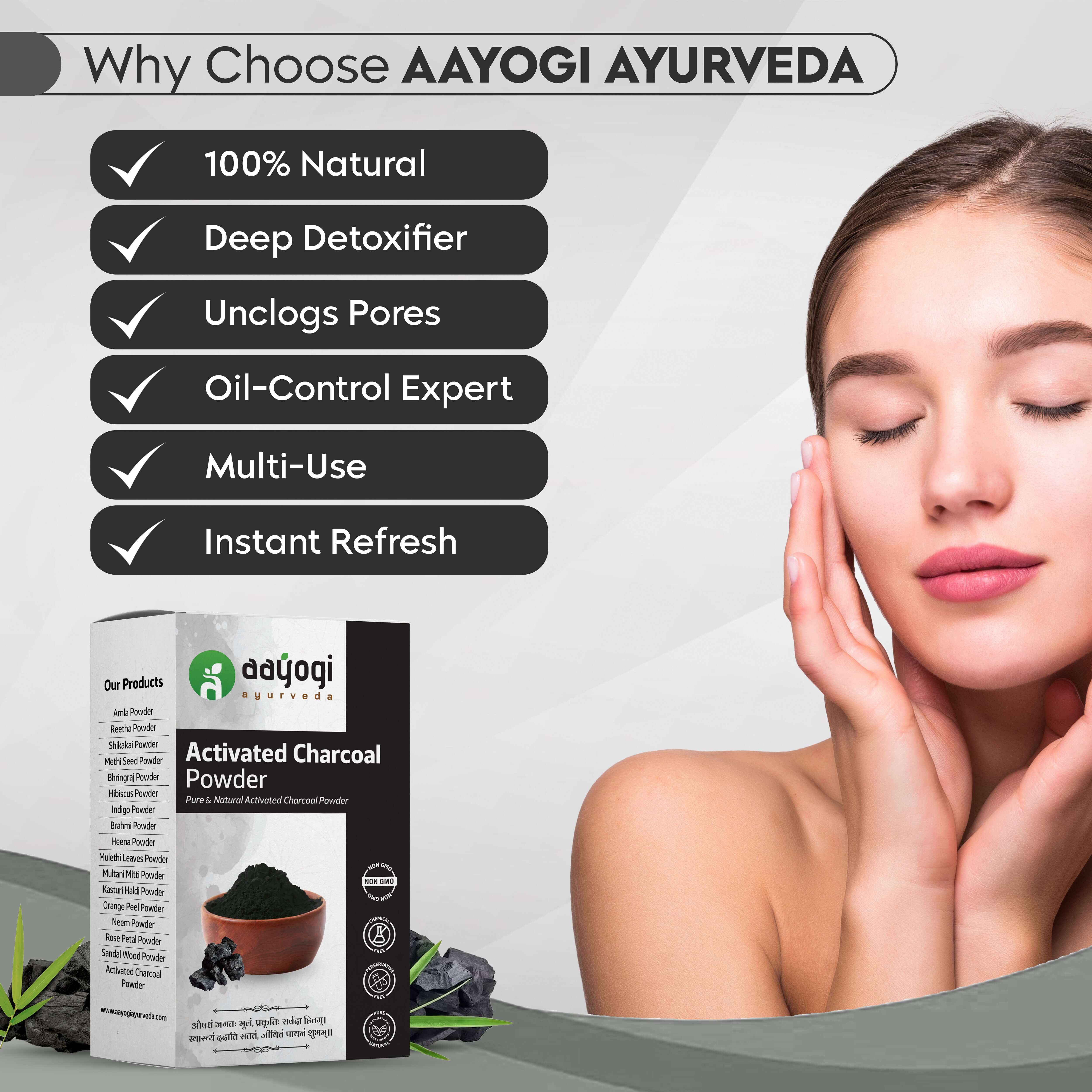 Aayogi Ayurveda Activated Charcoal Powder benefits infographic with a woman showing skin detox benefits.