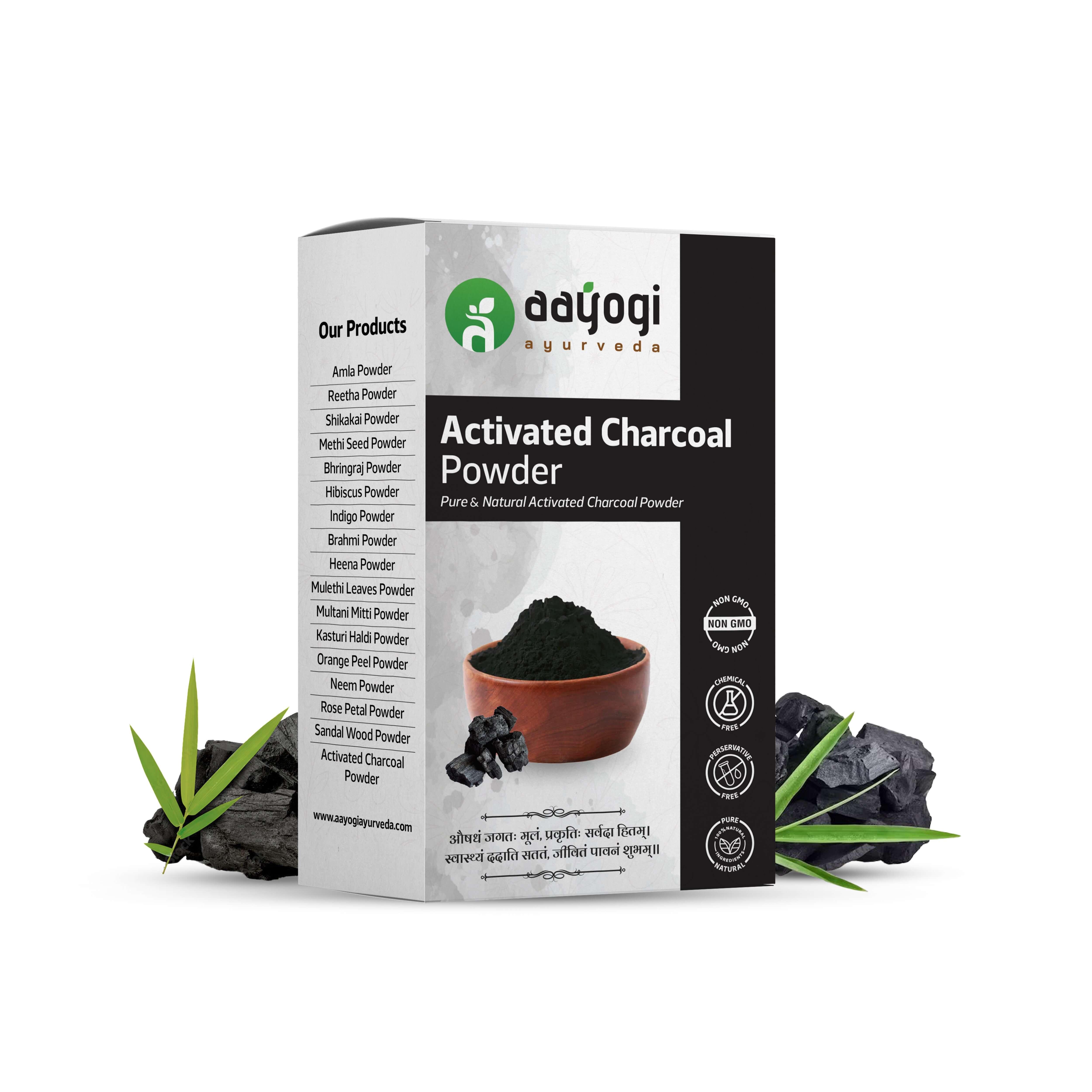 Aayogi Ayurveda Pure & Fresh Activated Charcoal Powder packaging with detoxifying properties, featuring natural ingredients.