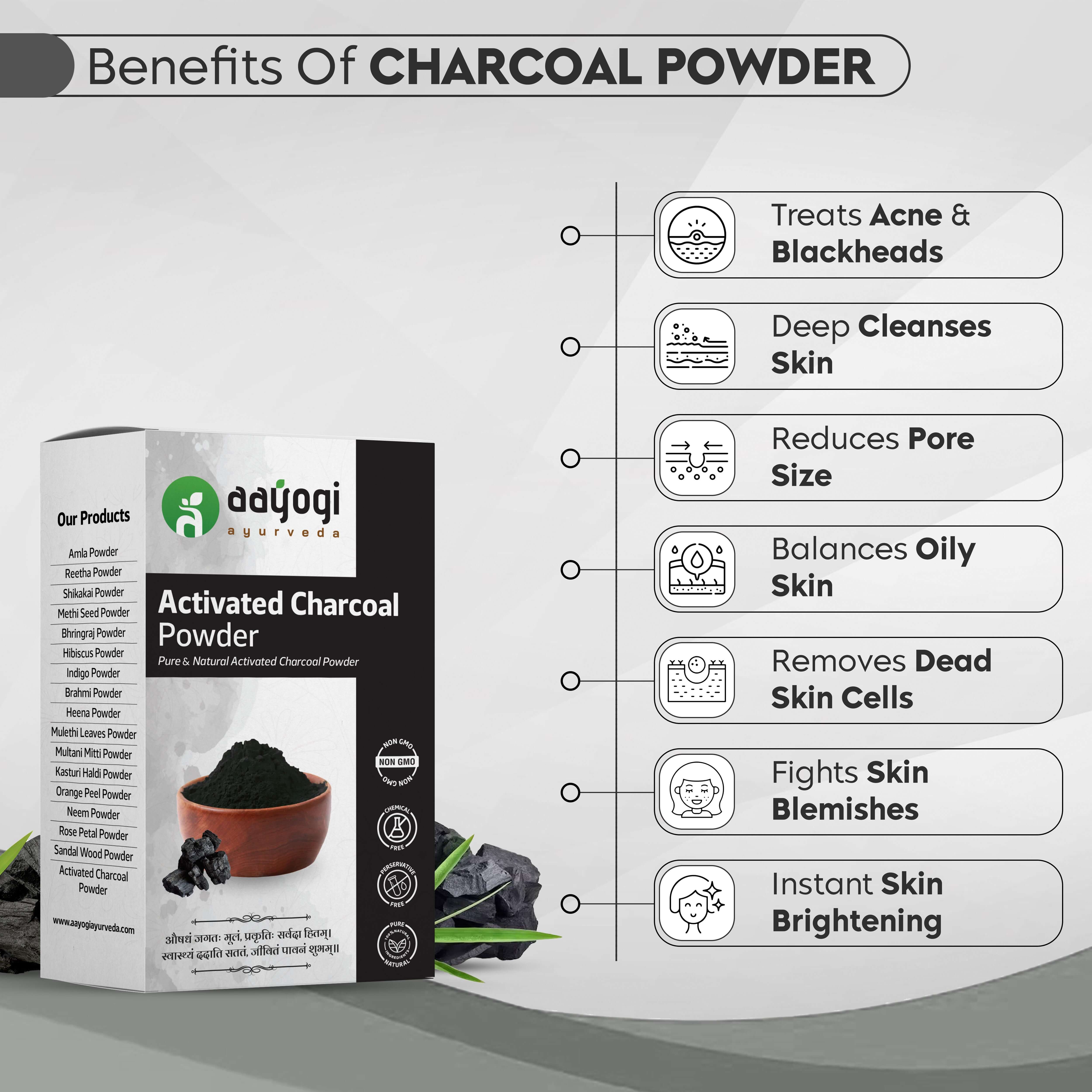 Benefits of Aayogi Ayurveda Pure & Fresh Activated Charcoal Powder for acne, pore size, dead skin removal, and skin brightening.