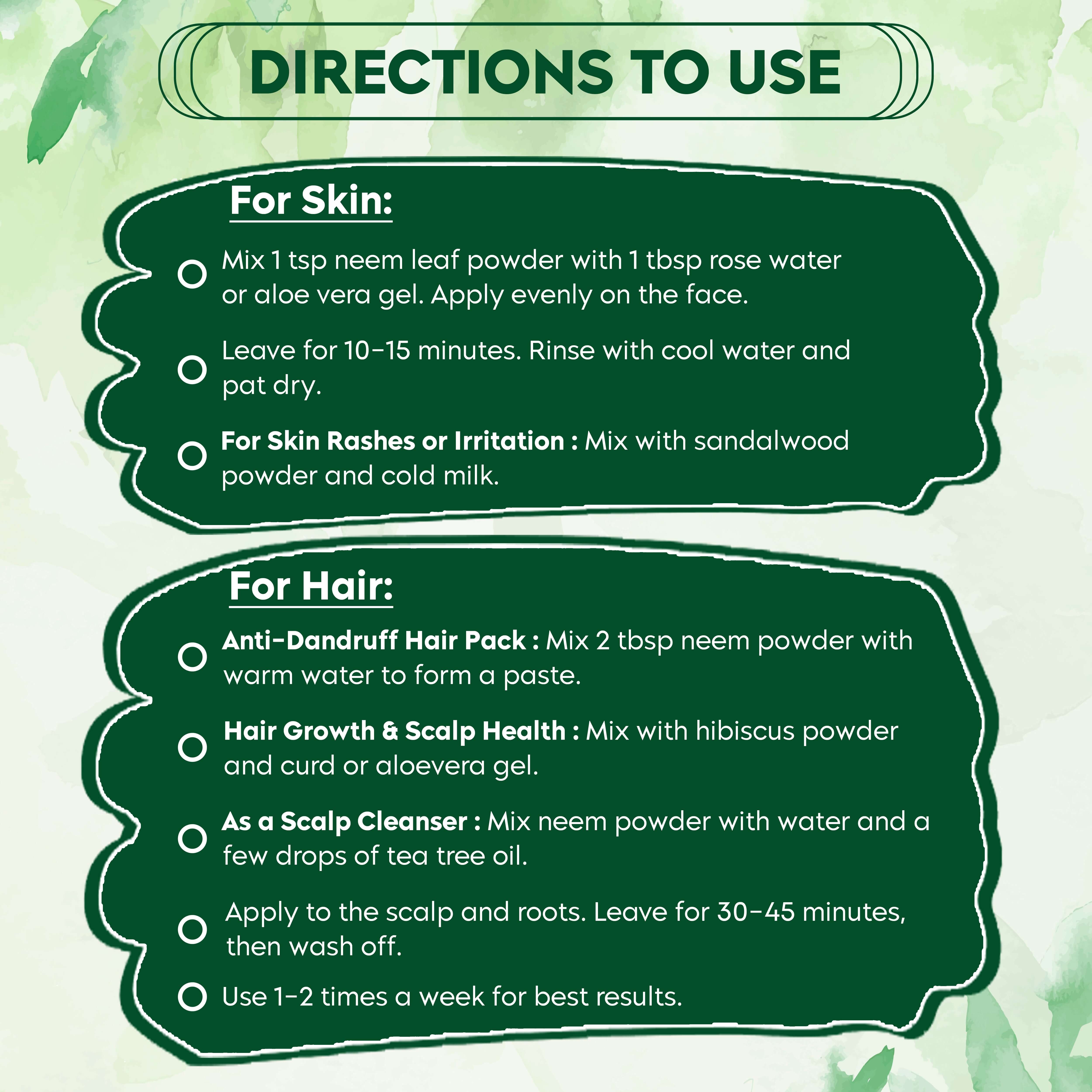 Neem leaf powder usage instructions for skin and hair care, featuring DIY recipes for anti-dandruff, scalp health, and skin rash treatment.