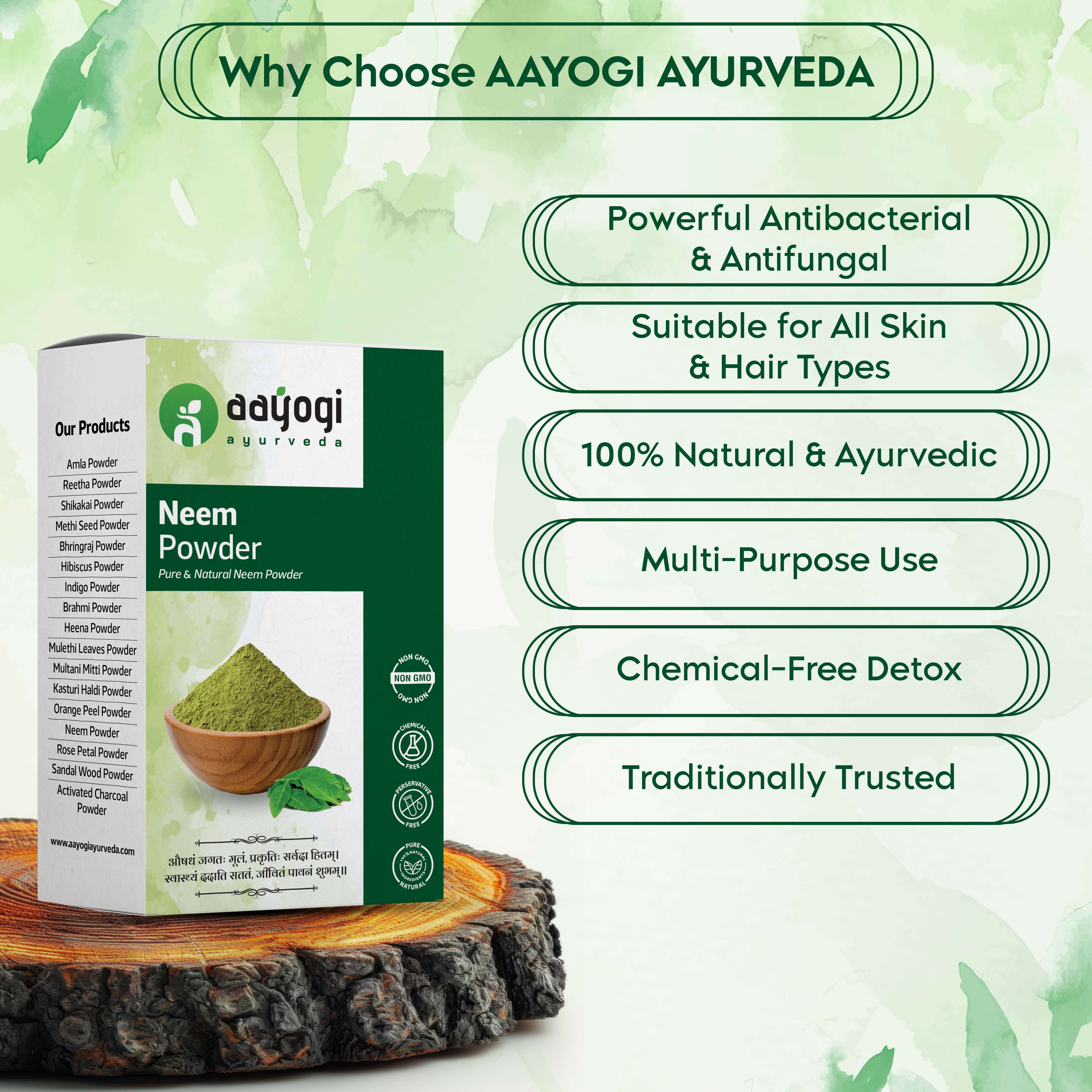 Aayogi Ayurveda Pure Neem Leaf Powder box with benefits: antibacterial, skin & hair suitable, natural, multi-purpose, chemical-free.