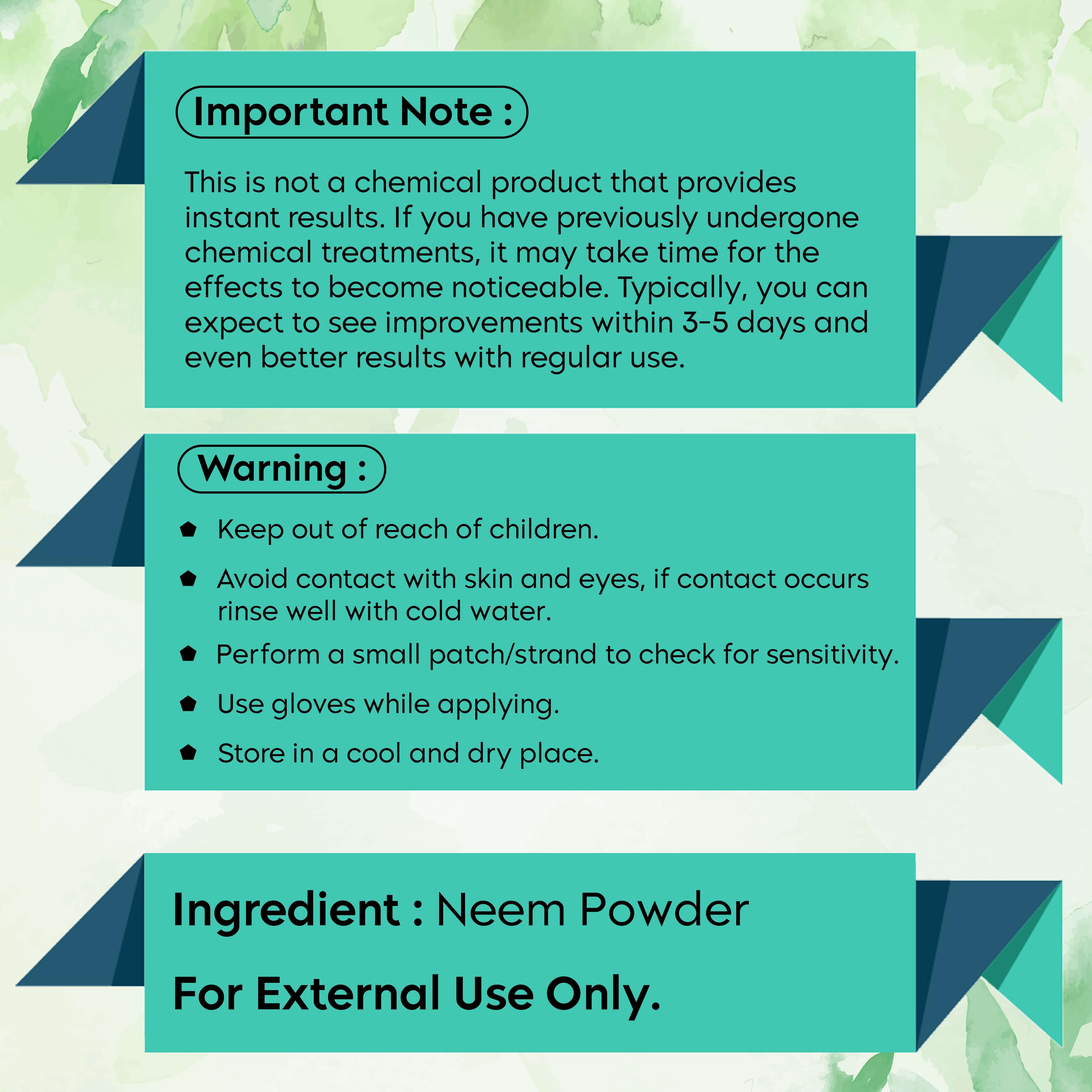 Instruction and warning labels for Pure Neem Leaf Powder, highlighting usage precautions and ingredient details for safe application.