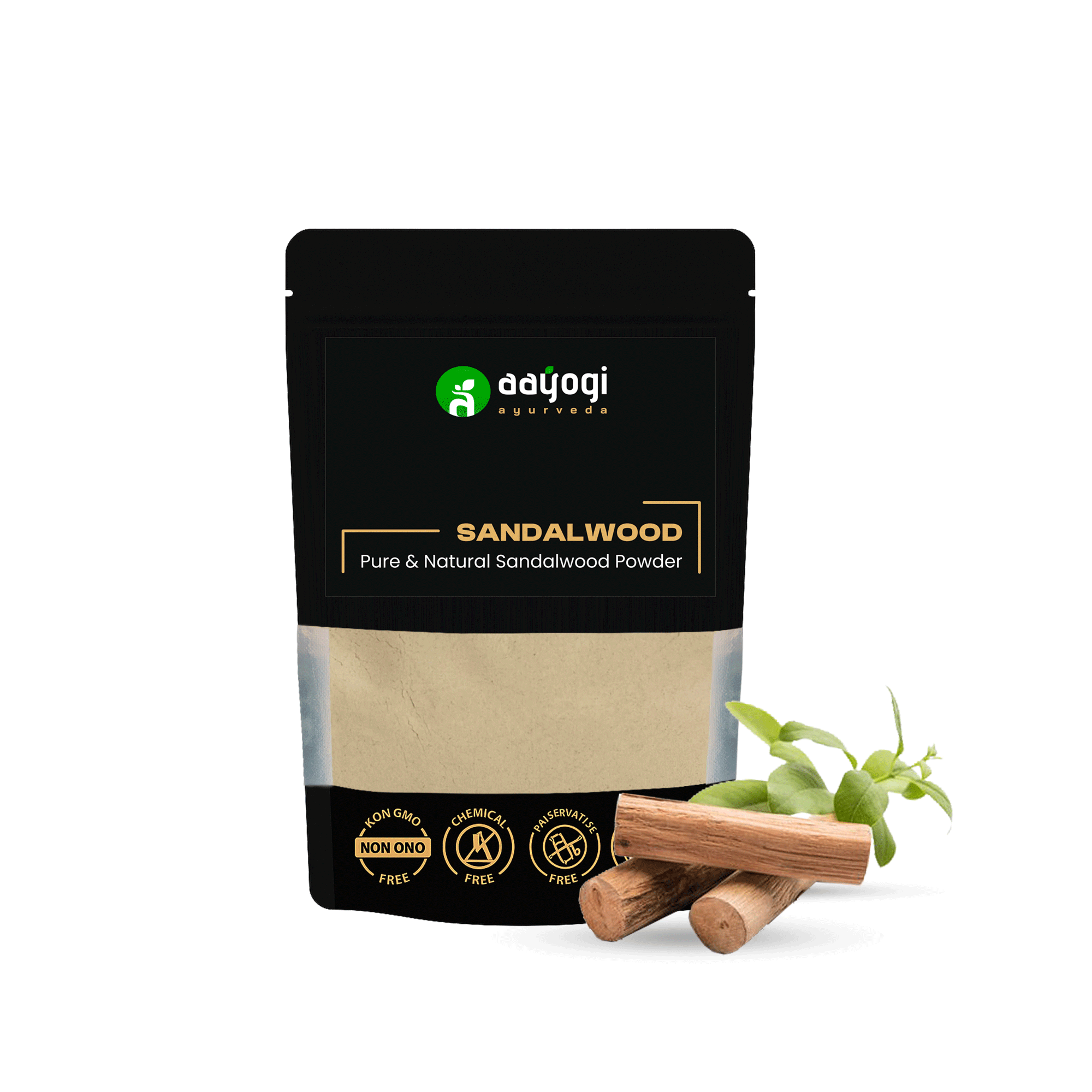 Aayogi Ayurveda Pure Sandalwood Powder 100 gm pouch with sandalwood sticks and leaves for natural skincare.