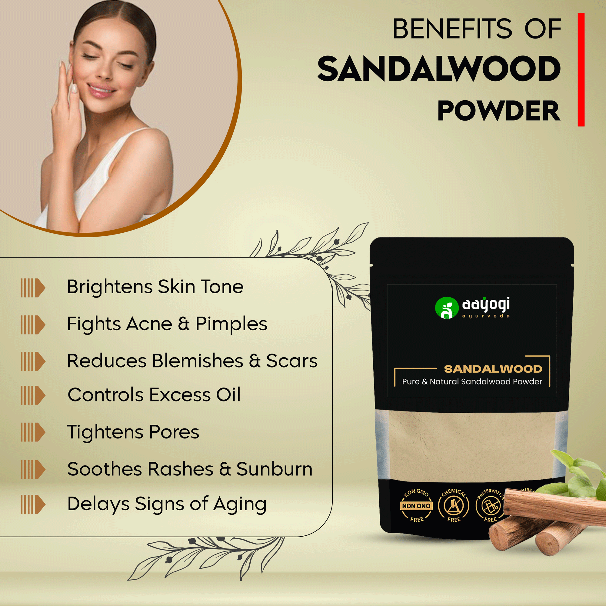 Benefits of Aayogi Ayurveda Pure Sandalwood Powder for skin care, including brightening, acne control, and anti-aging properties.