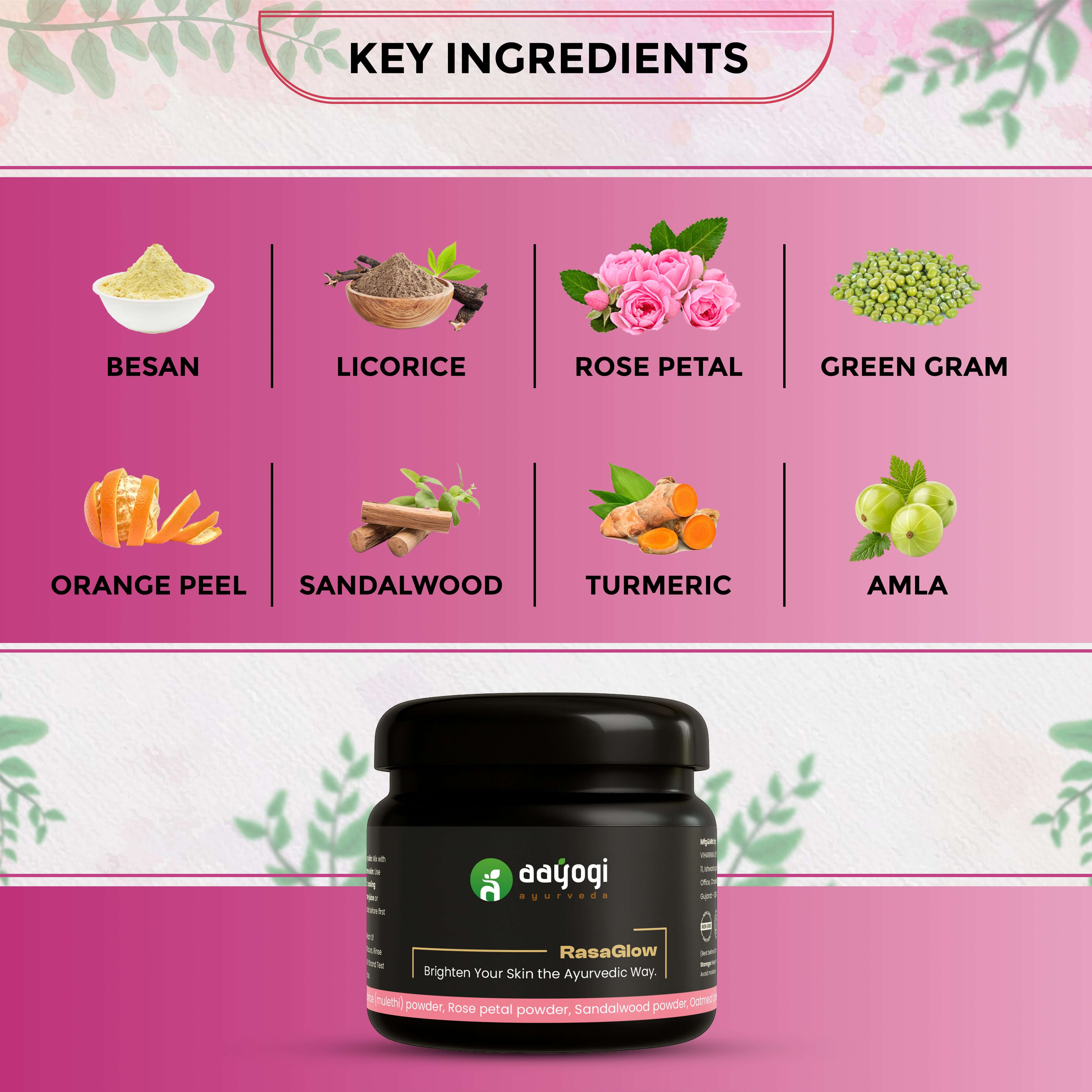 RasaGlow Bathing Powder by Aayogi Ayurveda with key ingredients like besan, licorice, rose, green gram, turmeric, and sandalwood.