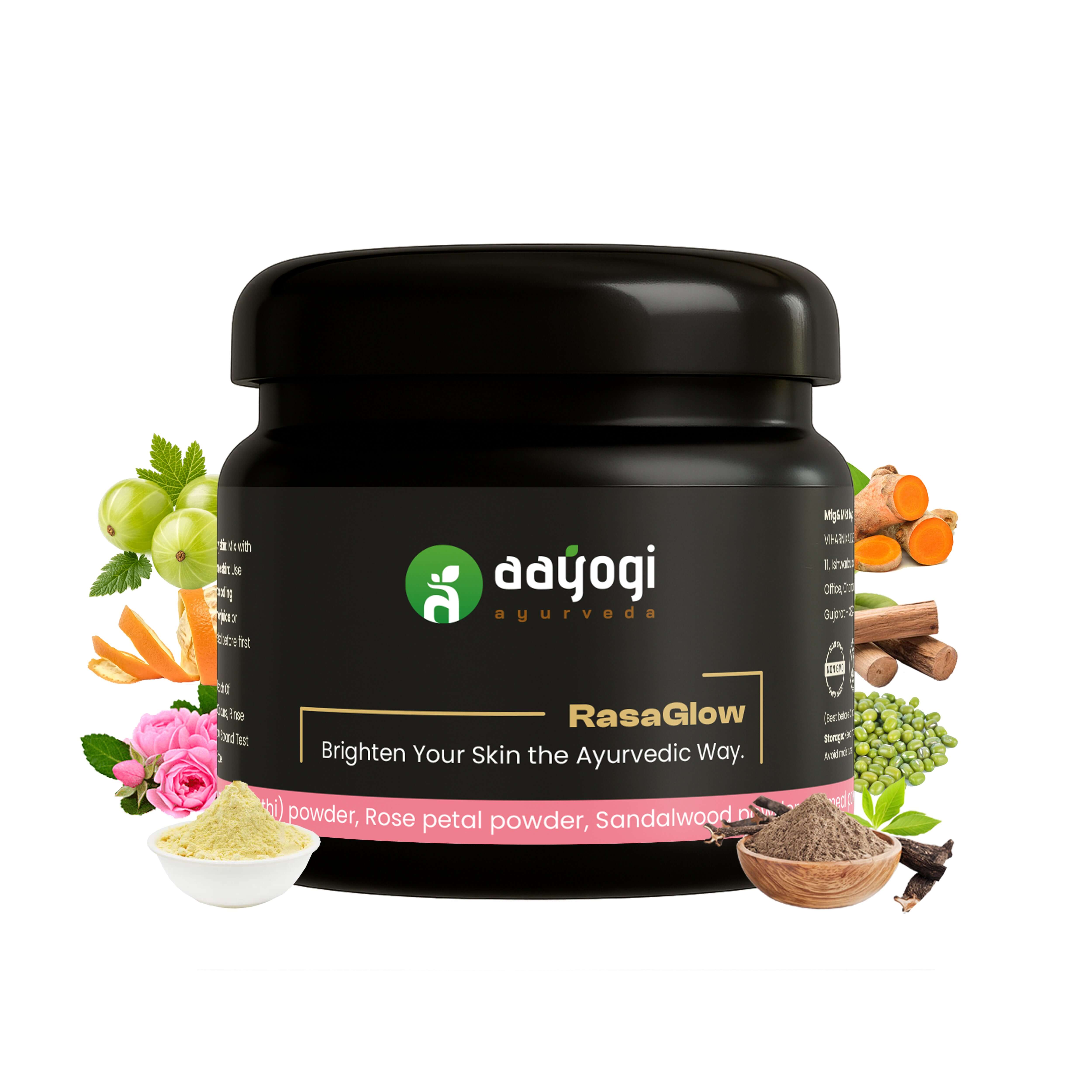 RasaGlow Herbal Bathing Powder by Aayogi Ayurveda with natural ingredients like green gram, licorice, and rose for skin brightening.