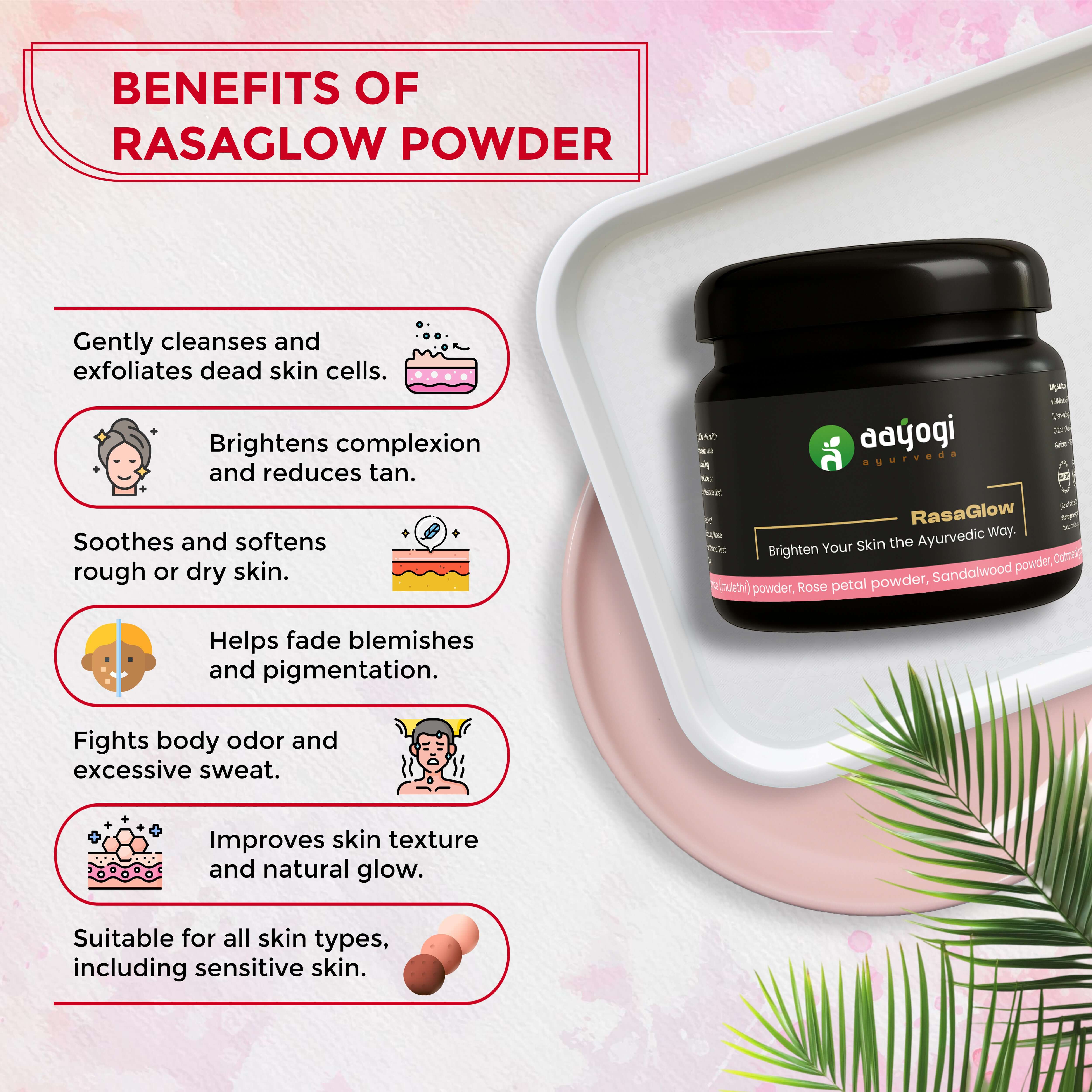 RasaGlow Bathing Powder benefits infographic: skin-nourishing, brightening, exfoliating, soothing, and suitable for all skin types.