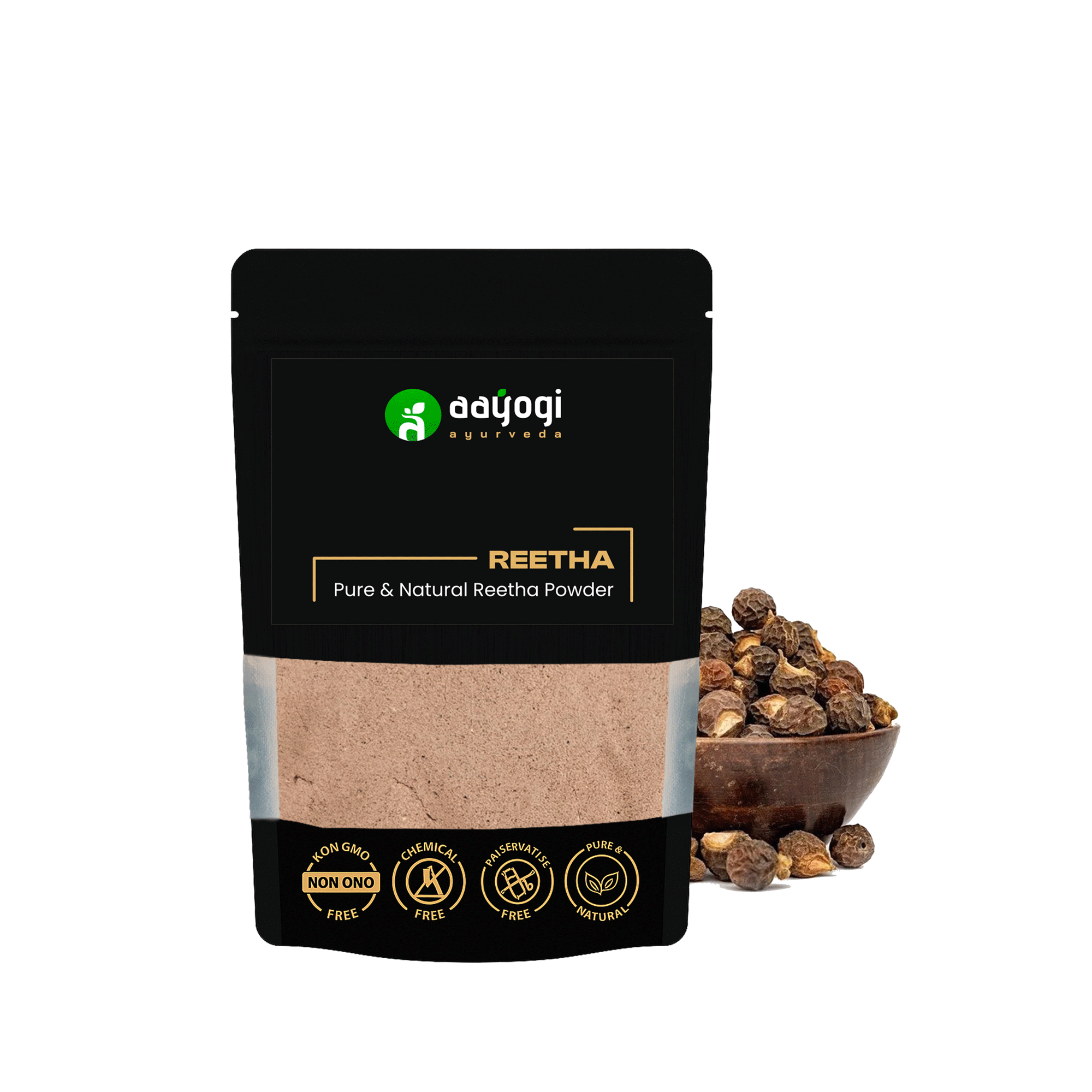 Aayogi Ayurveda Reetha Powder - 100gm natural herbal hair cleanser in black pouch with soapnut bowl.