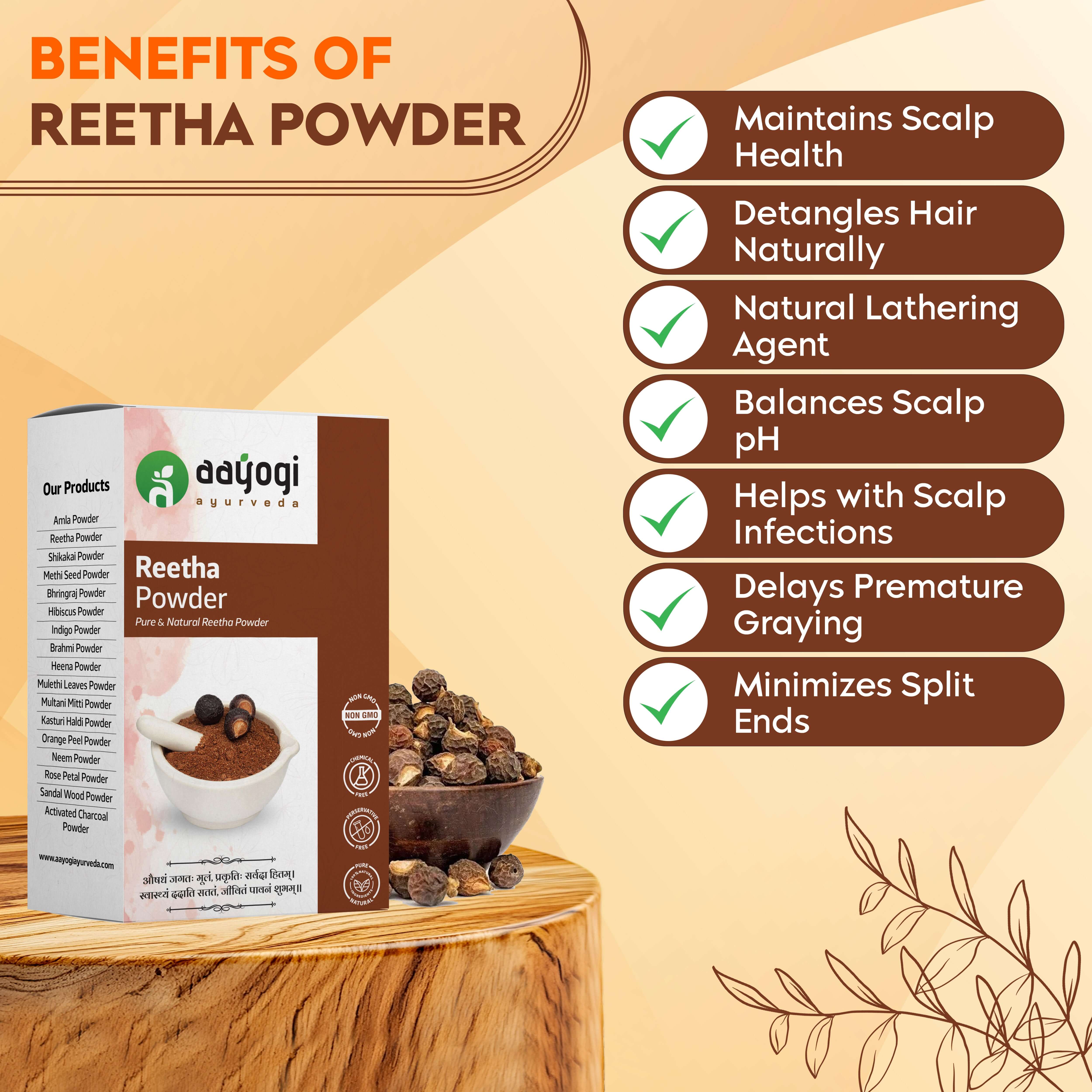 Aayogi Ayurveda Reetha Powder benefits; maintains scalp health, detangles hair, natural lathering, balances pH, prevents graying, reduces split ends.