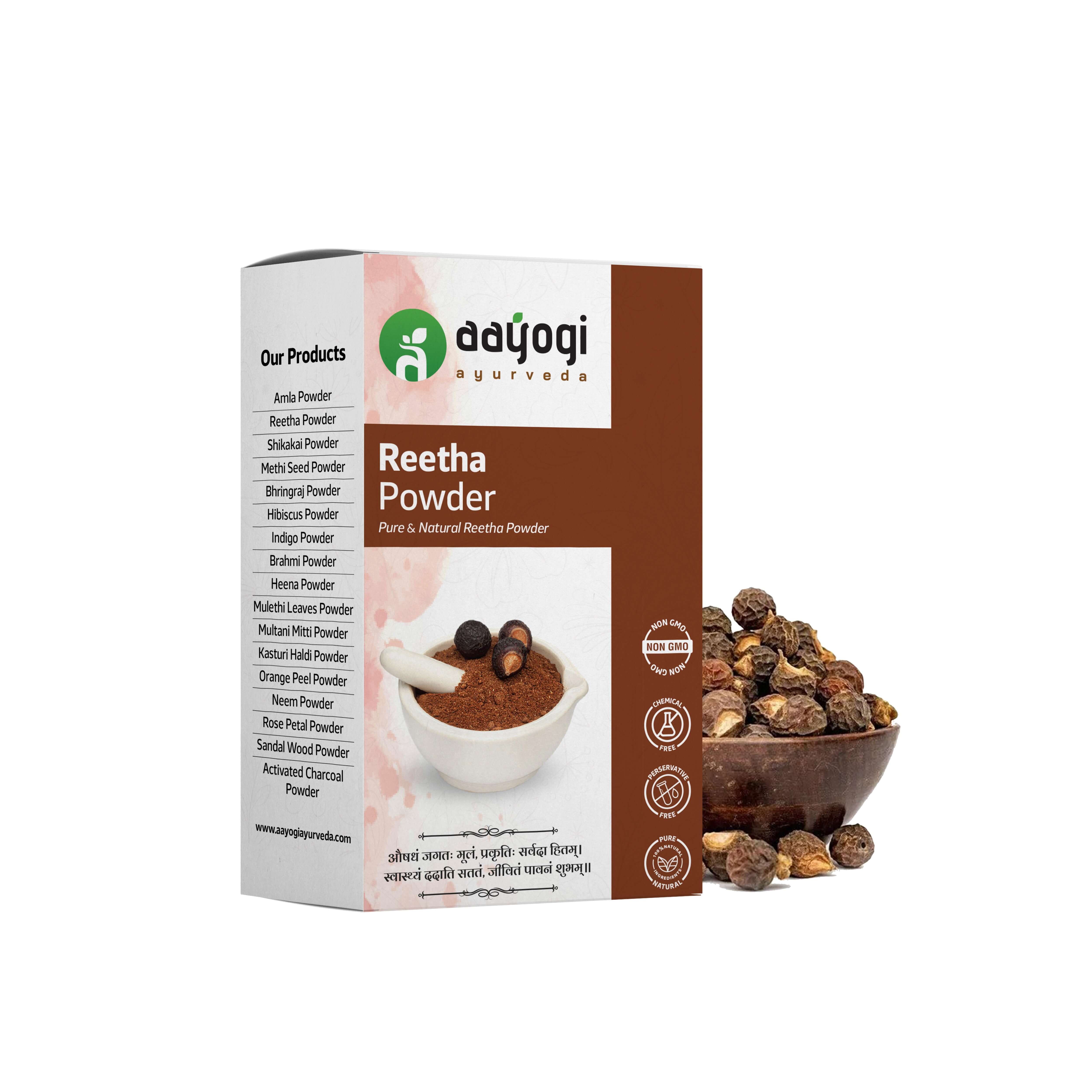 Aayogi Ayurveda Reetha Powder packaging with soapnuts, a natural cleanser for healthy and shiny hair, eco-friendly and chemical-free.