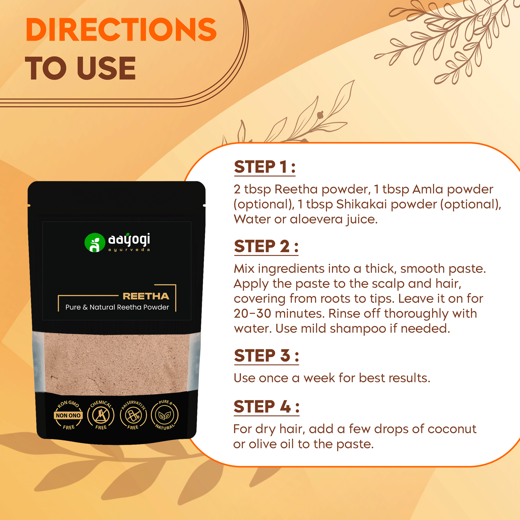 Aayogi Ayurveda Reetha Powder directions for use on a colorful background, steps for applying the herbal hair cleanser.