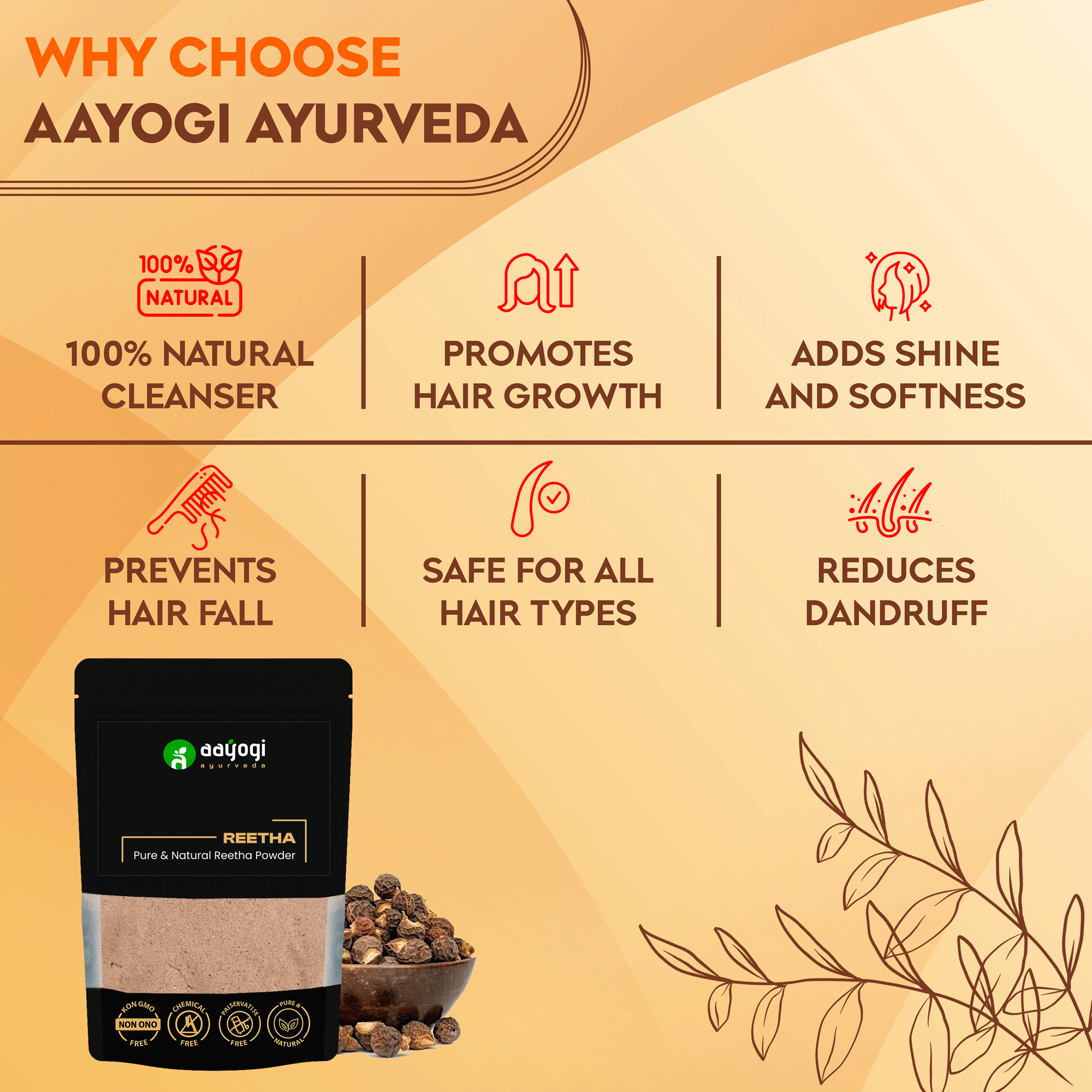 Aayogi Ayurveda Reetha Herbal Hair Cleanser highlights - natural cleanser, promotes hair growth, adds shine, prevents hair fall.