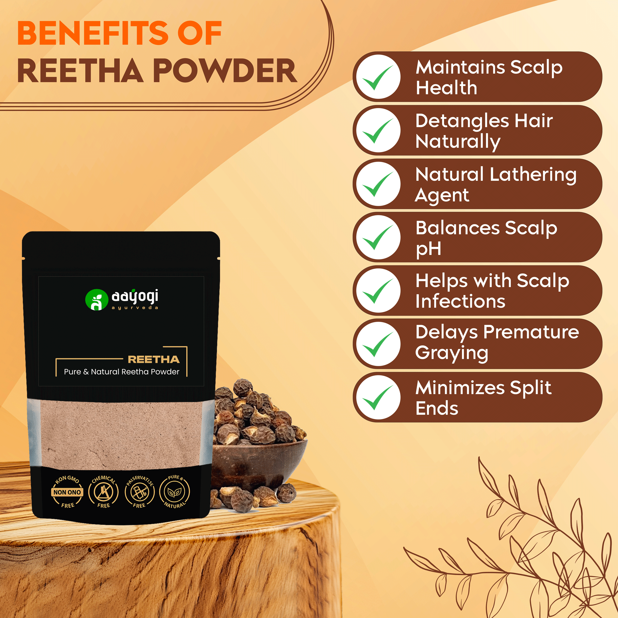 Reetha Herbal Hair Cleanser packaging with benefits listed: scalp health, detangles hair, lathering, scalp pH, infections, graying, split ends.