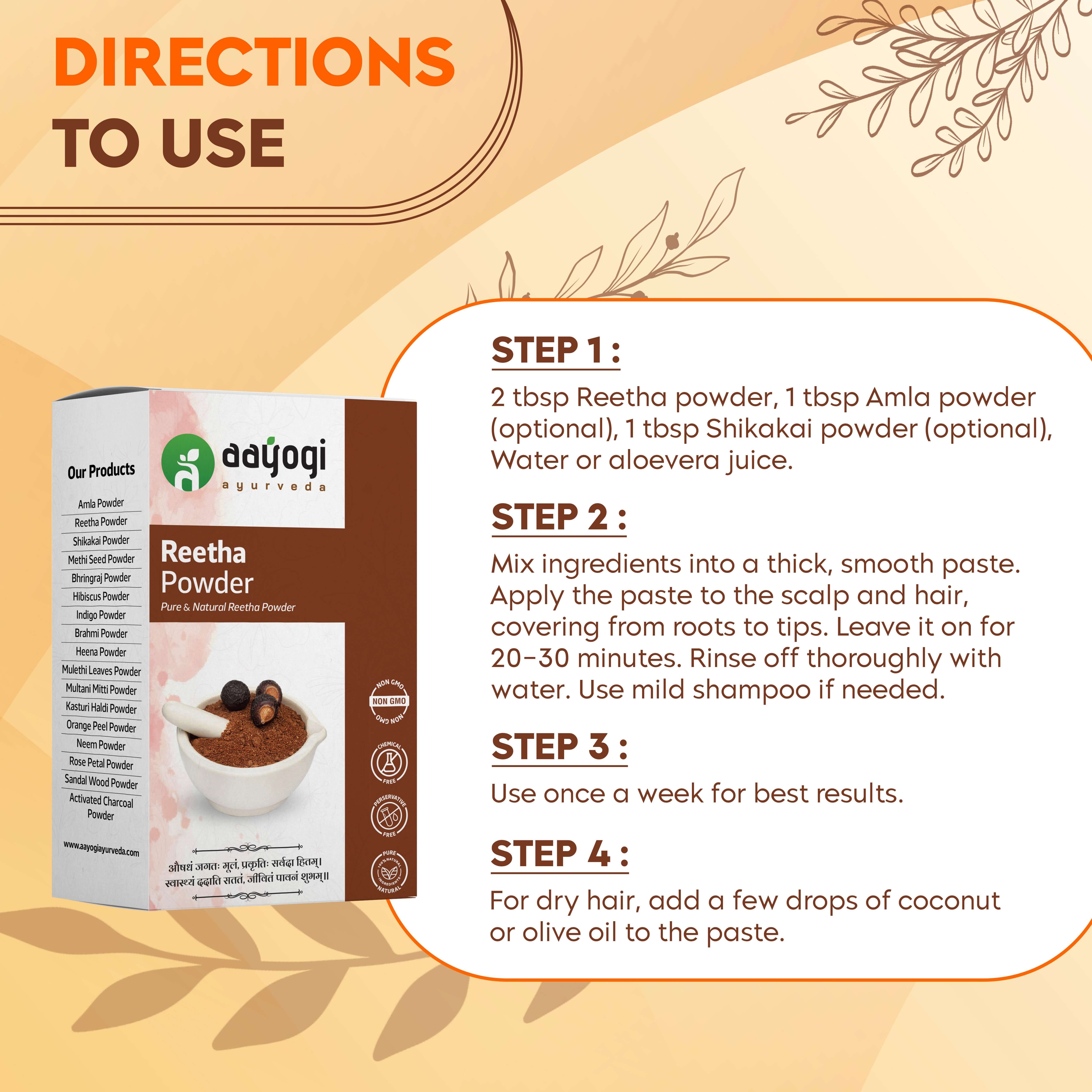 Aayogi Ayurveda Reetha Powder box with application steps for healthy hair, showing natural ingredients and instructions.