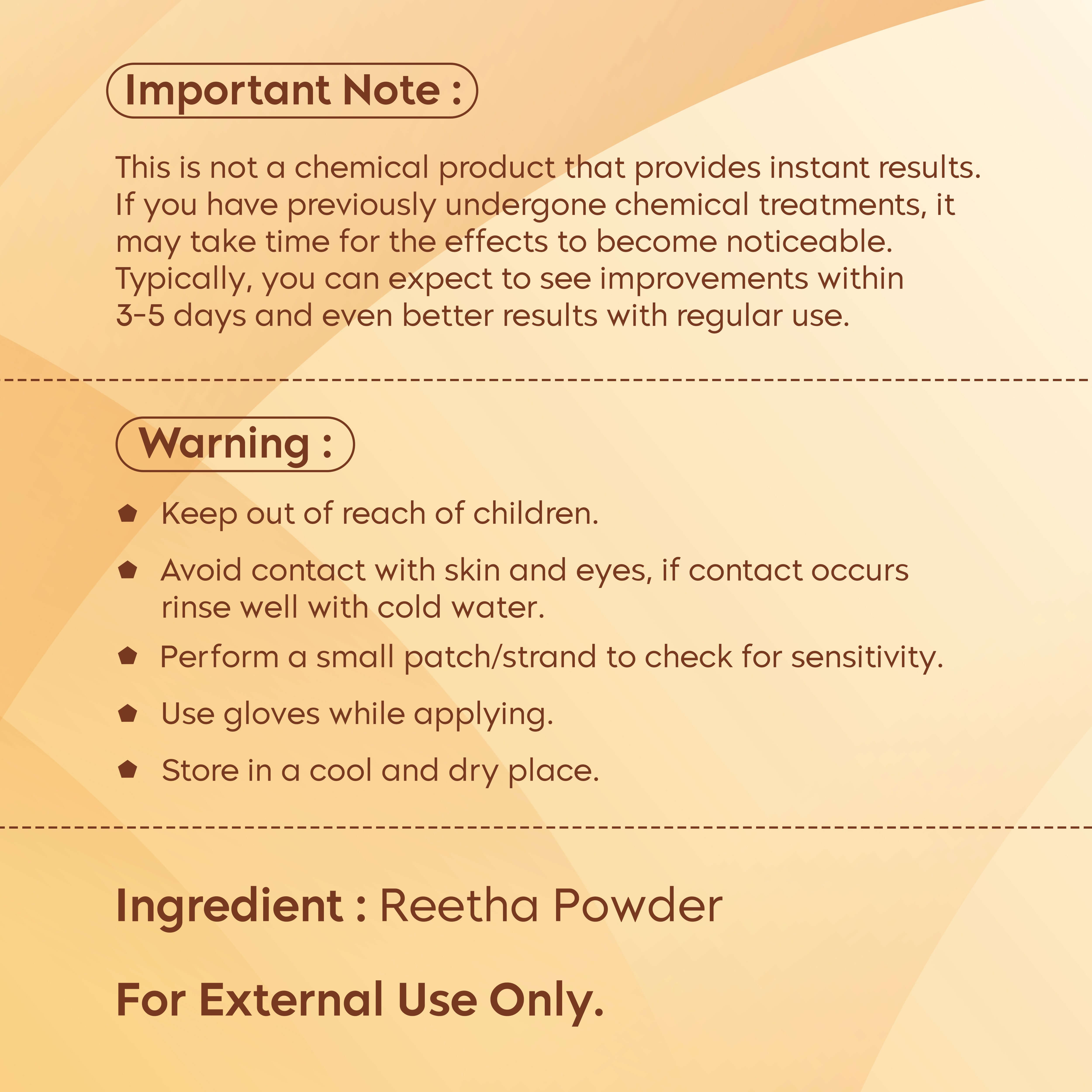Warnings and usage instructions for Aayogi Ayurveda Reetha Powder, highlighting safety precautions and storage advice.