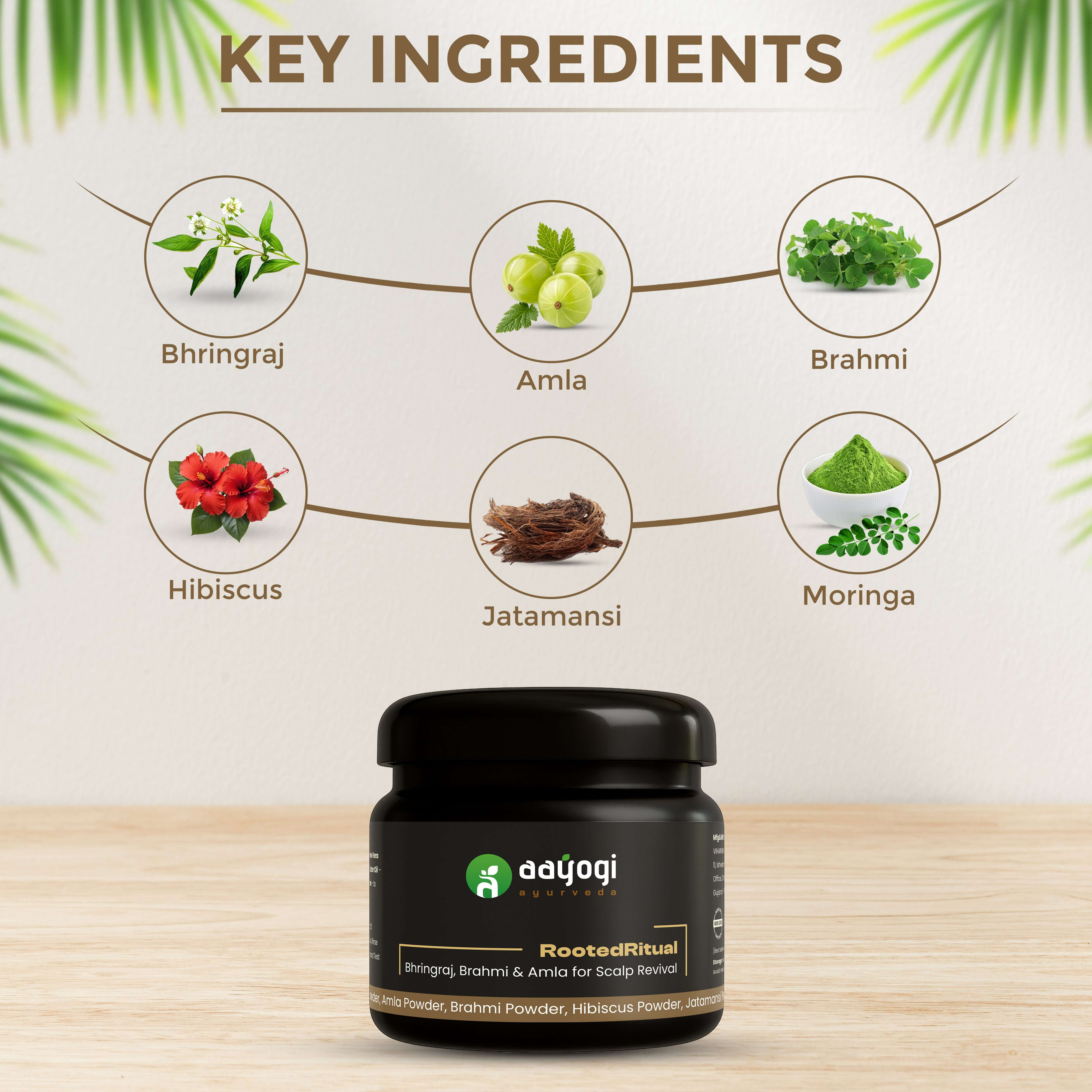 Aayogi Ayurveda Rooted Ritual Hair Mask jar with key ingredients: Bhringraj, Amla, Brahmi, Jatamansi, Hibiscus, Moringa.