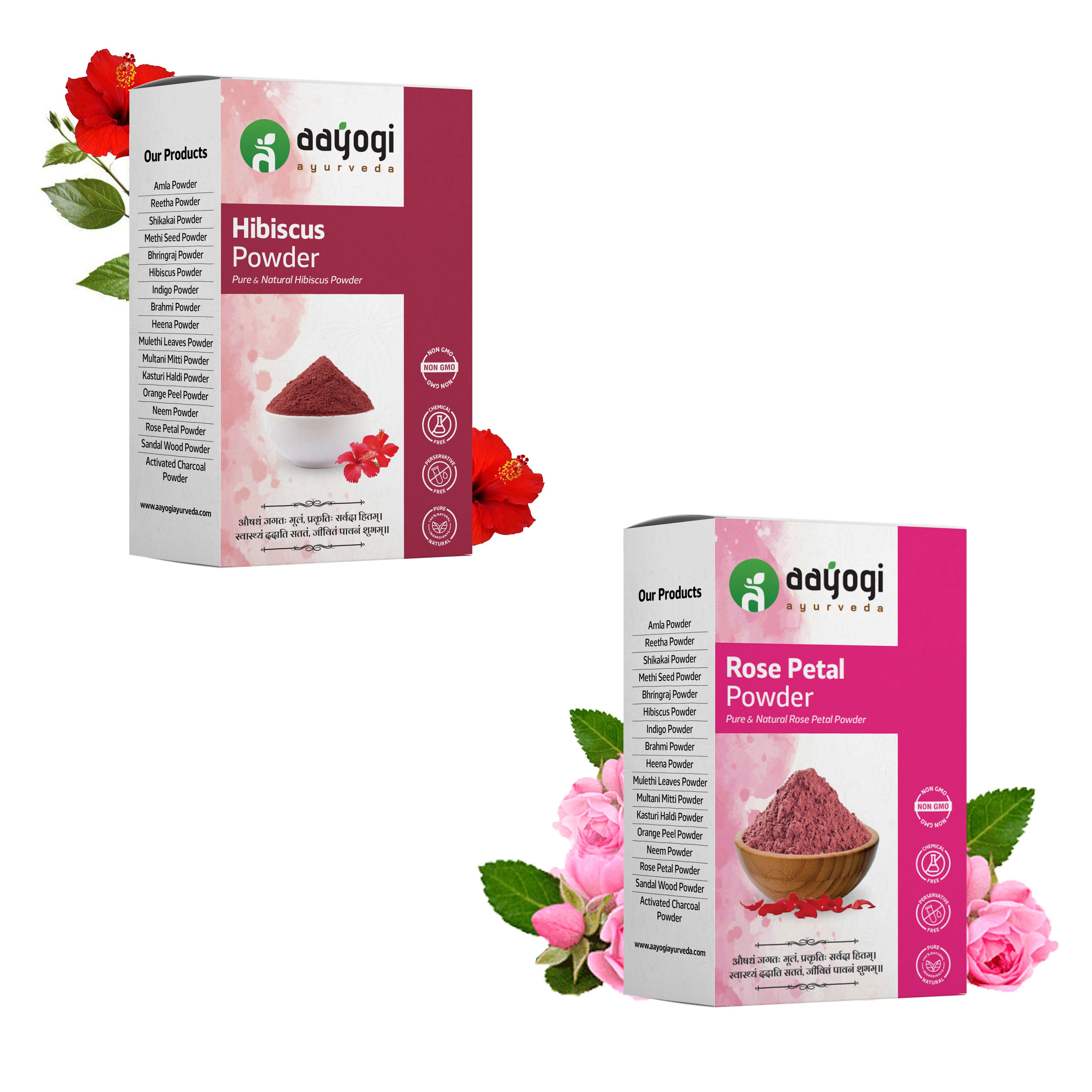 Rose Petal and Hibiscus Powder packaging for bright, hydrated, youthful skin glow with vibrant floral design.