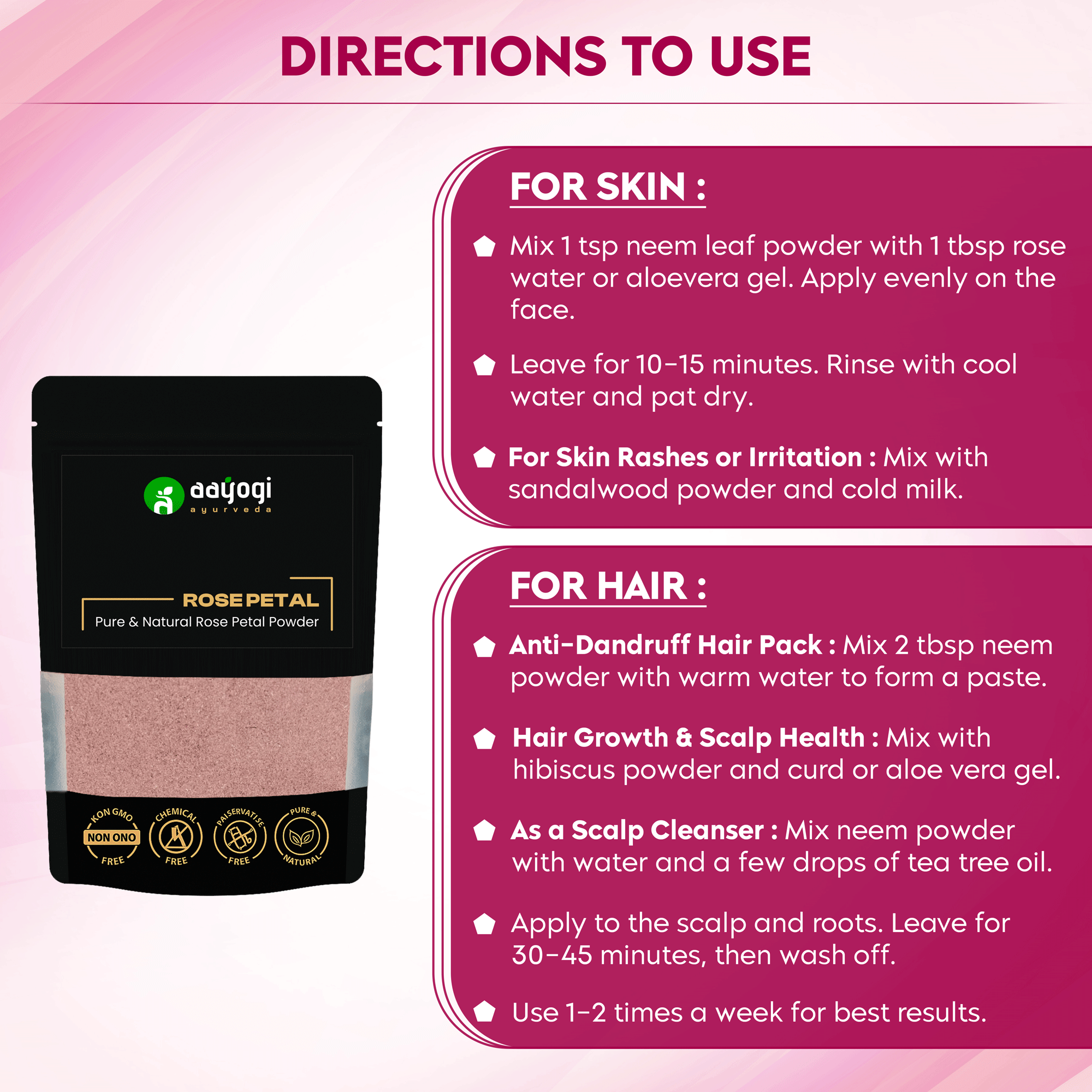Aayogi Ayurveda Rose Petal Powder directions for skin and hair use, including recipes for soothing, dandruff solutions, and scalp health.