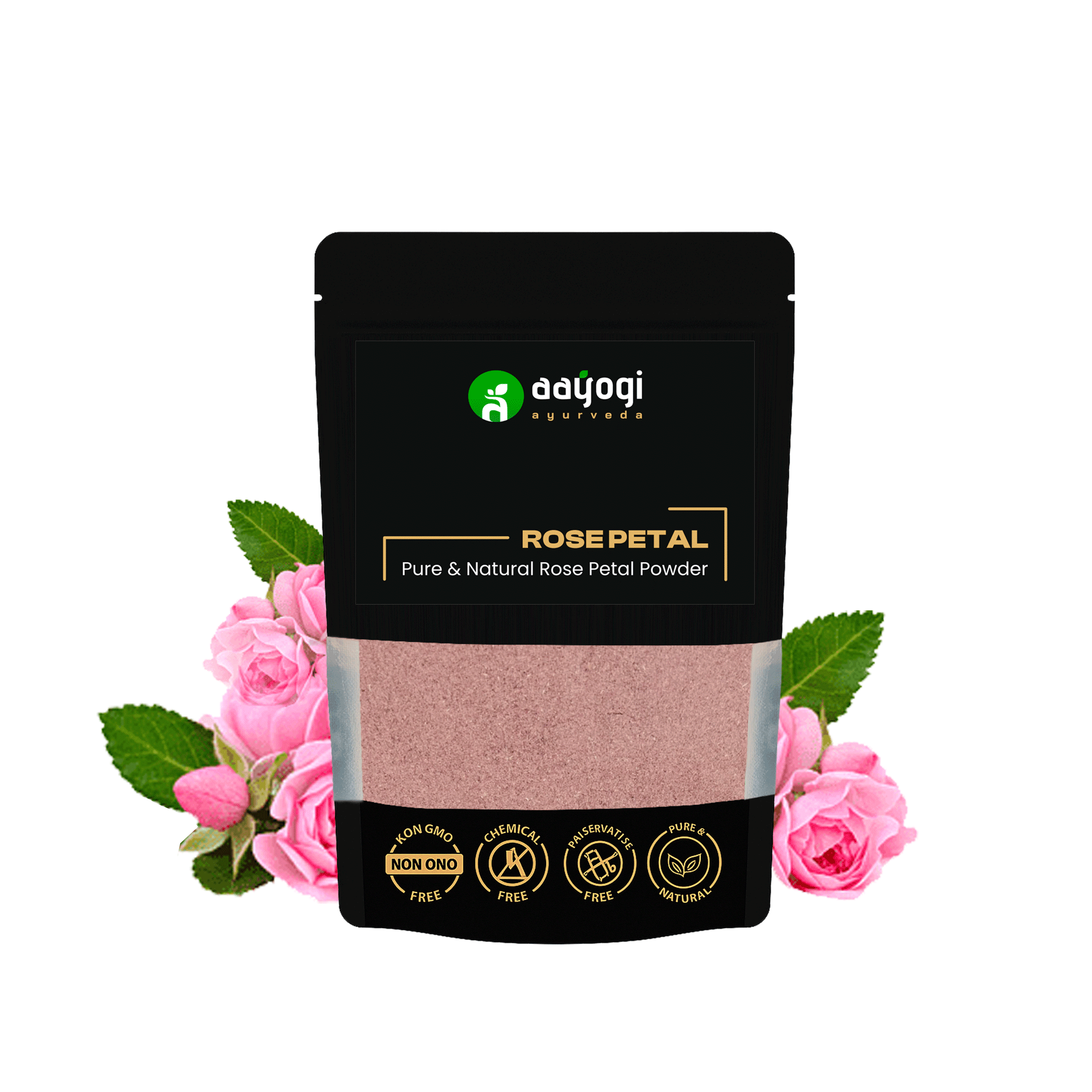 Aayogi Ayurveda Rose Petal Powder 100 gm pouch with roses, promotes skin soothing and glow-enhancing properties.
