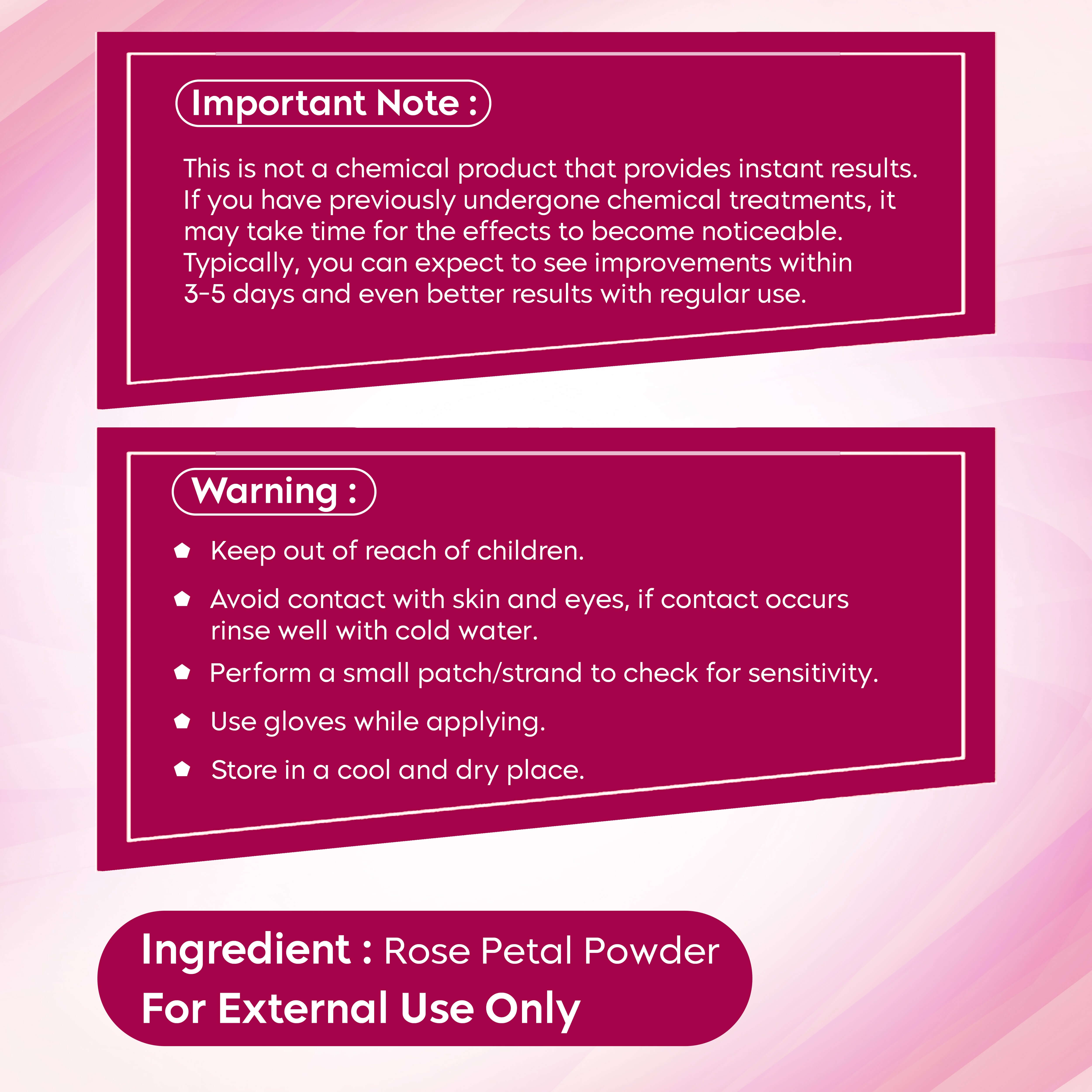 Rose petal powder product instructions and warnings for safe use on a pink background.