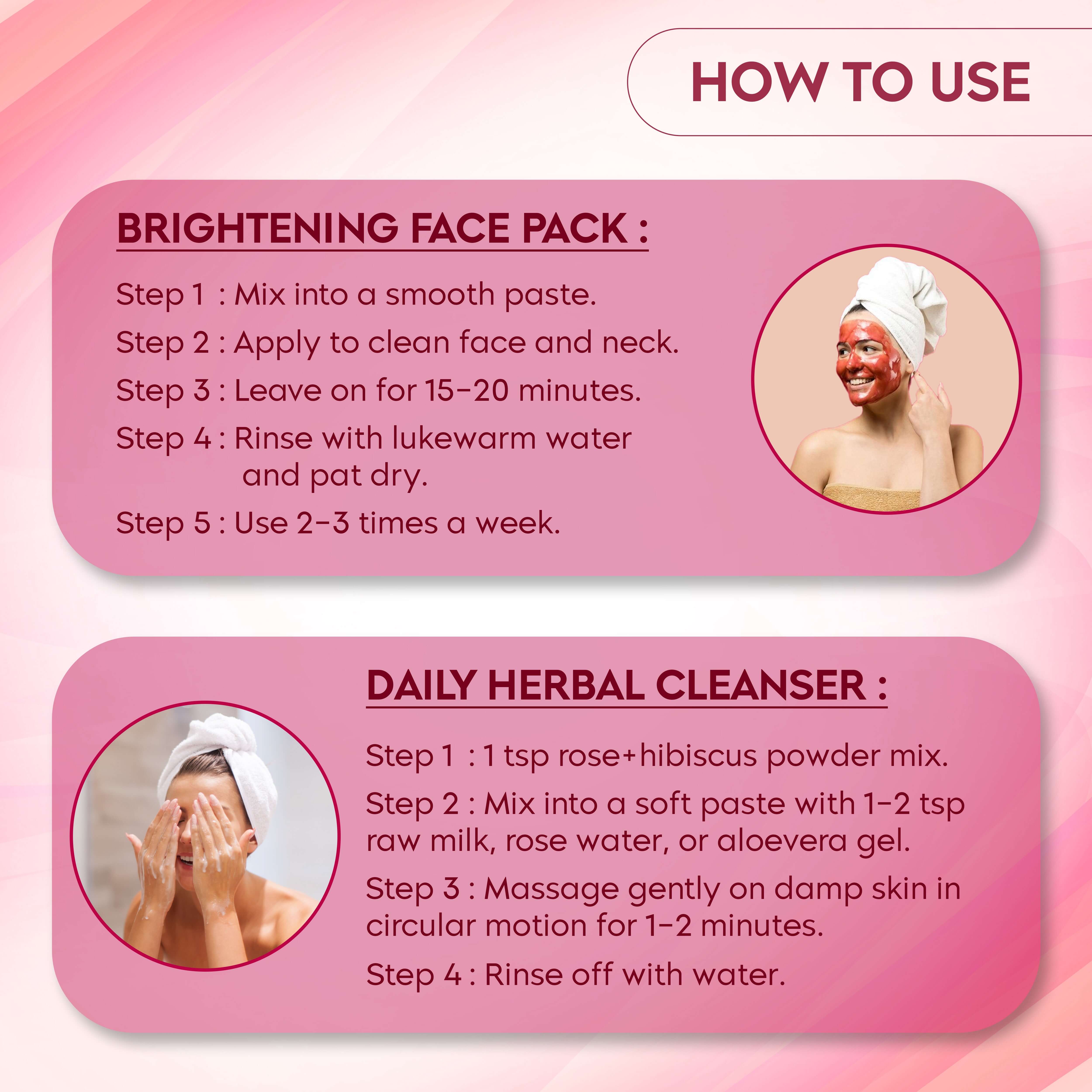 Beauty guide for Rose & Hibiscus Powder: steps for brightening face pack and daily herbal cleanser for glowing skin.