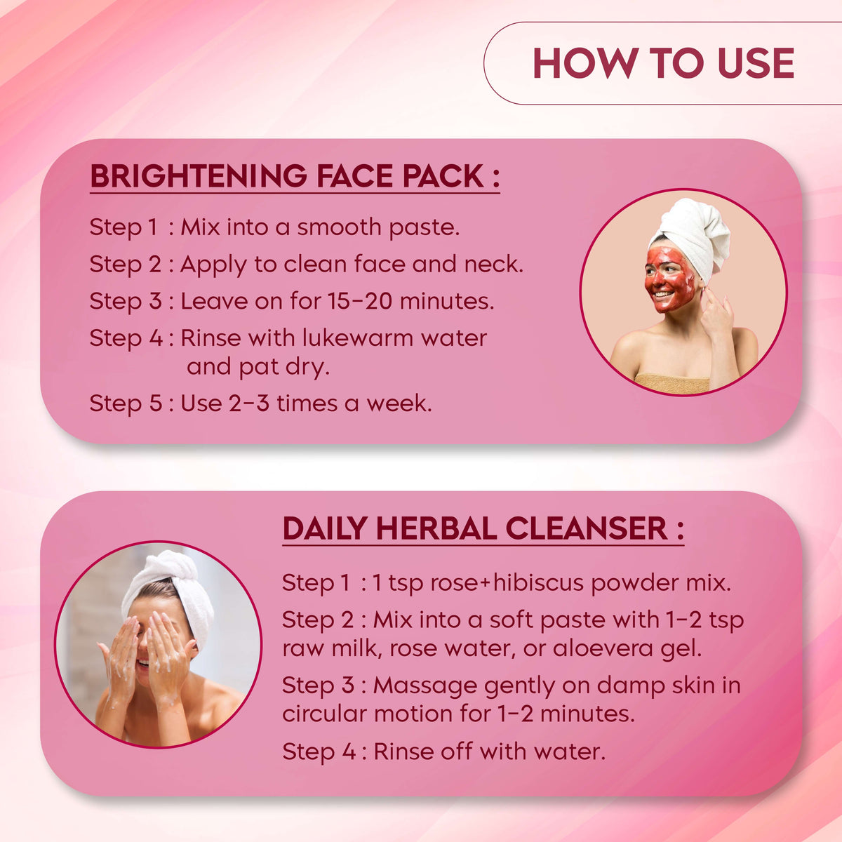 Beauty guide for Rose & Hibiscus Powder: steps for brightening face pack and daily herbal cleanser for glowing skin.