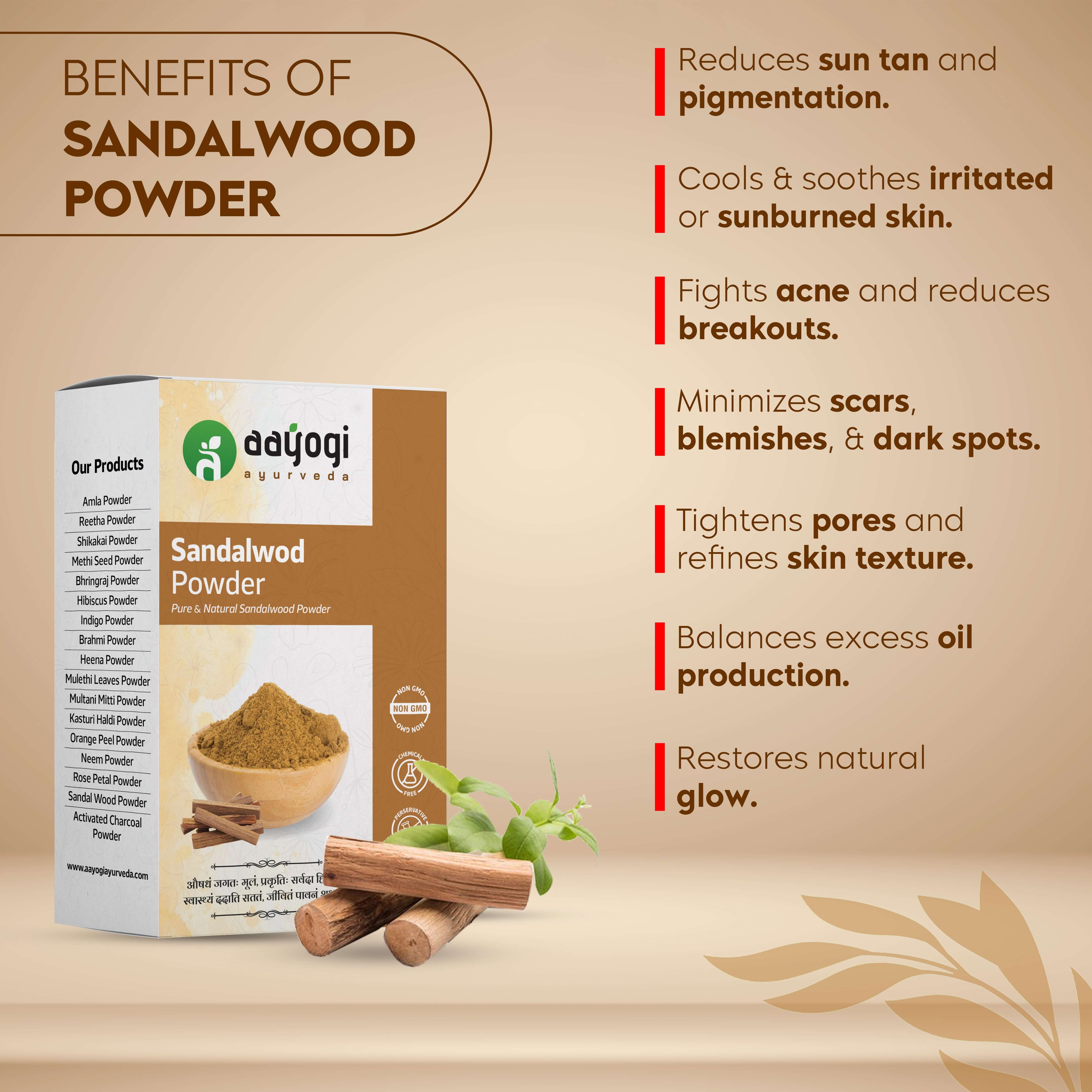 Sandalwood Powder benefits infographic: reduces sun tan and pigmentation, soothes skin, fights acne, and restores glow.