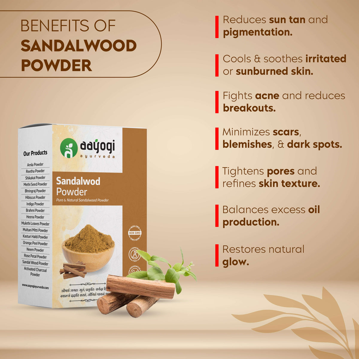 Sandalwood Powder benefits infographic: reduces sun tan and pigmentation, soothes skin, fights acne, and restores glow.